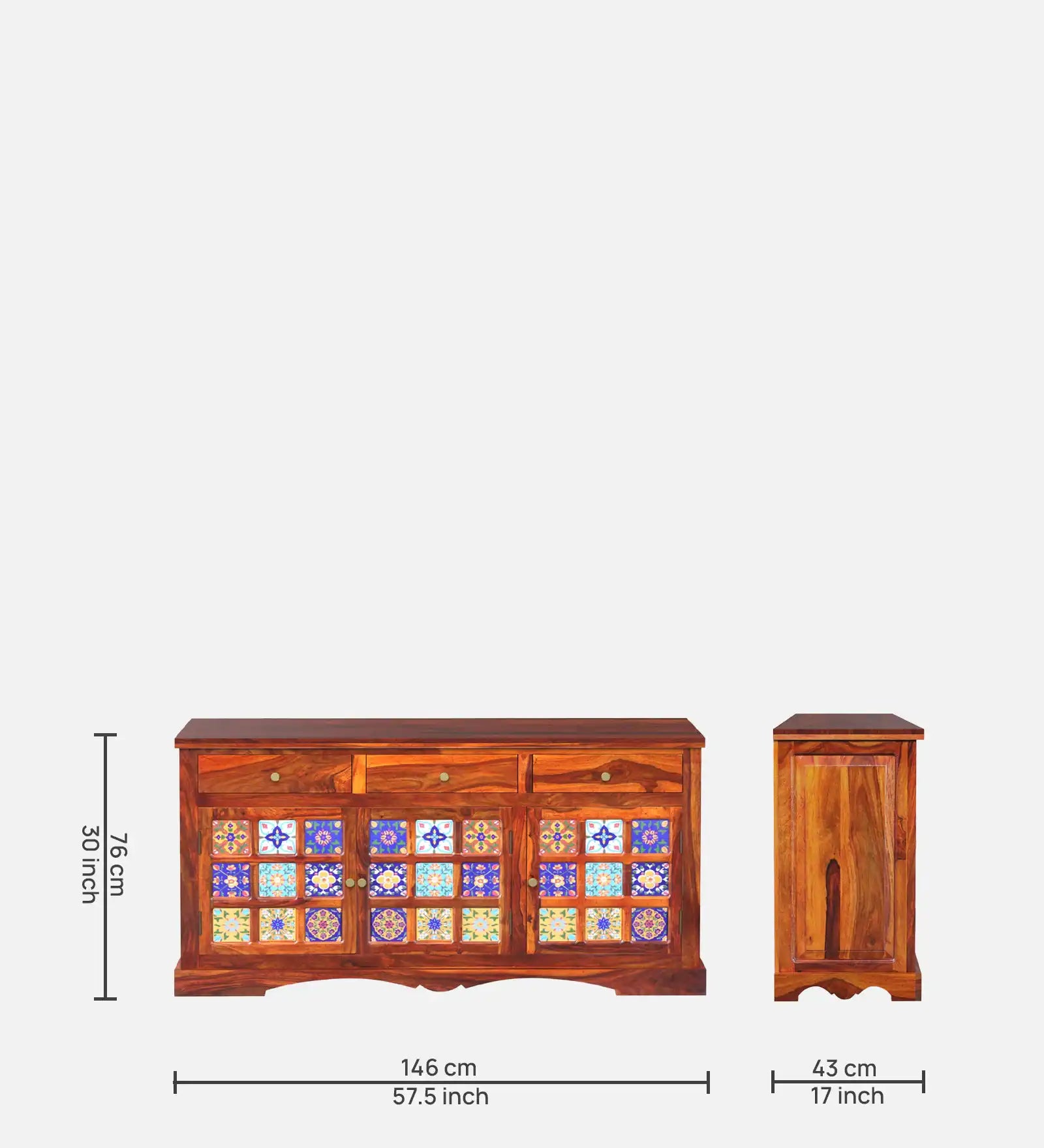 Natural finish sheesham wood sideboard solid storage unit modern design