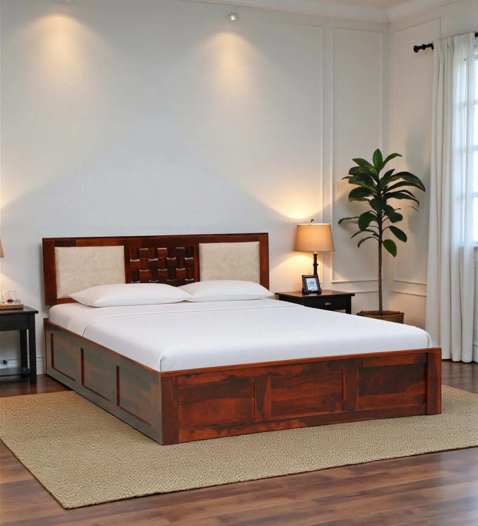 Nivasa solid sheesham wood king size bed with box storage