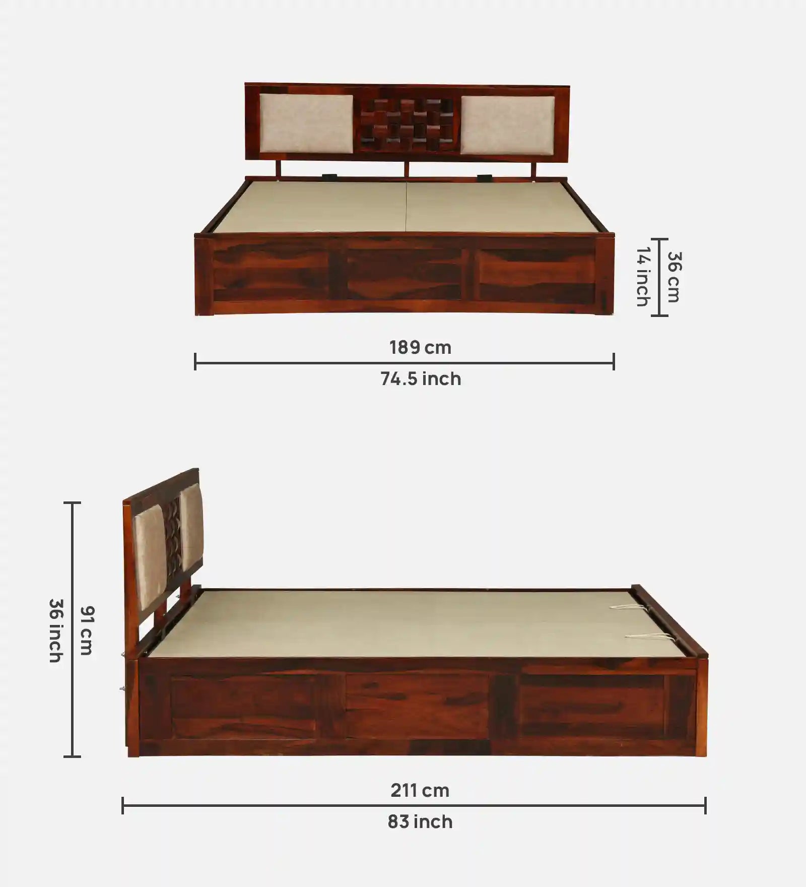 Nivasa solid sheesham wood king size bed with hydraulic storage durable design
