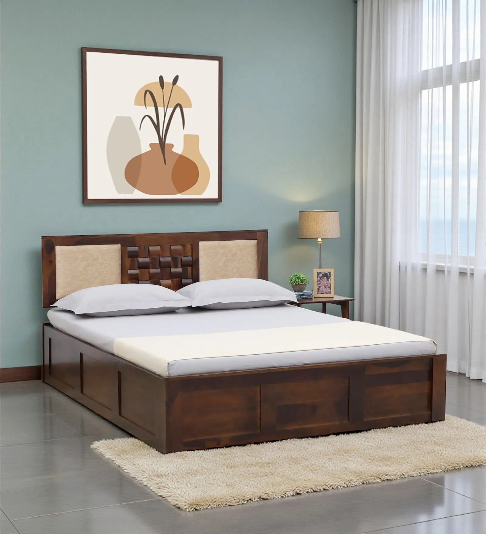 nivasa solid sheesham wood queen size box storage bed front view wooden bed india