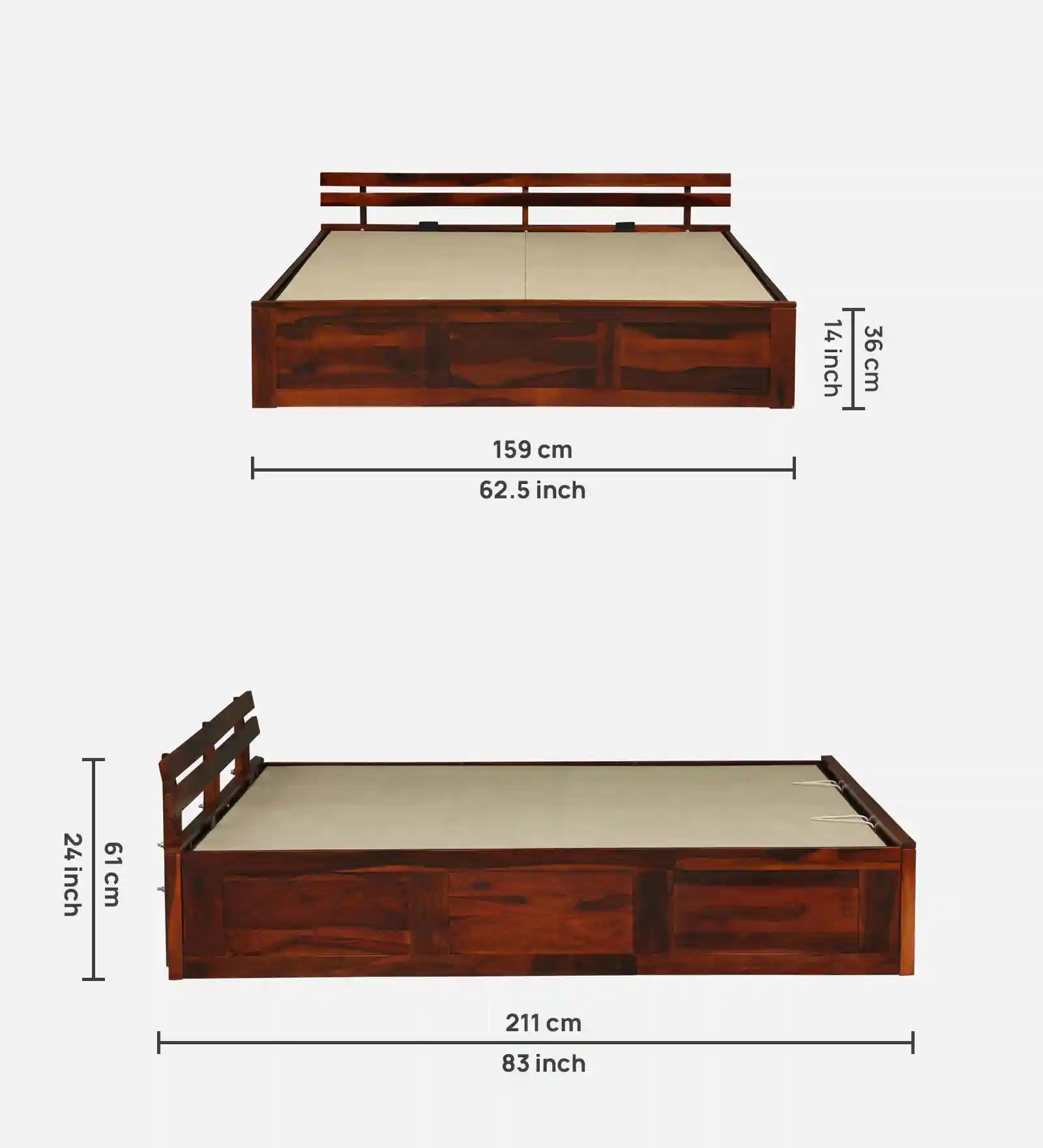 Nivasa solid wood king size bed with hydraulic storage honey finish