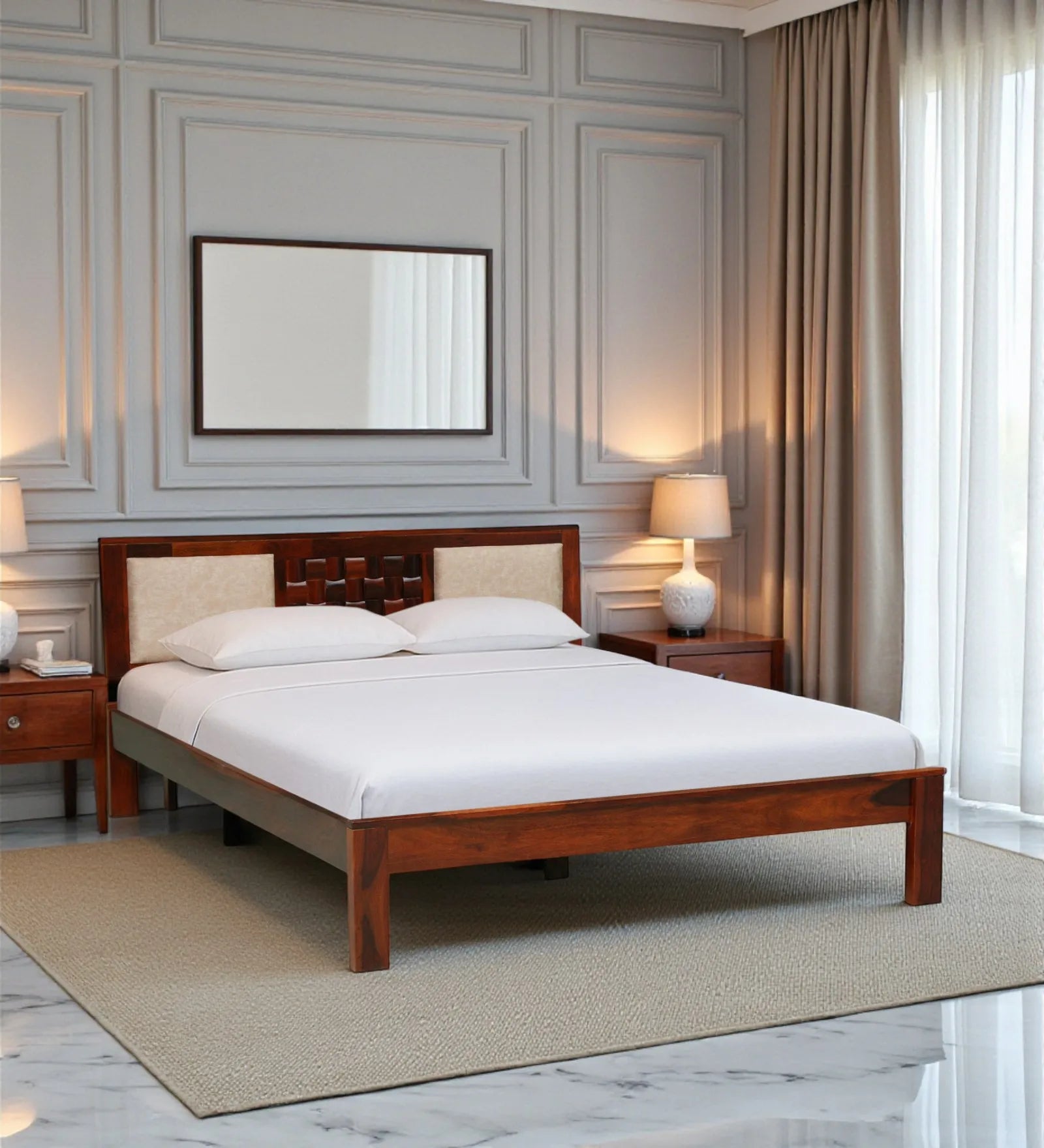 nivasa solid wood king size bed without storage front view modern sheesham wood design