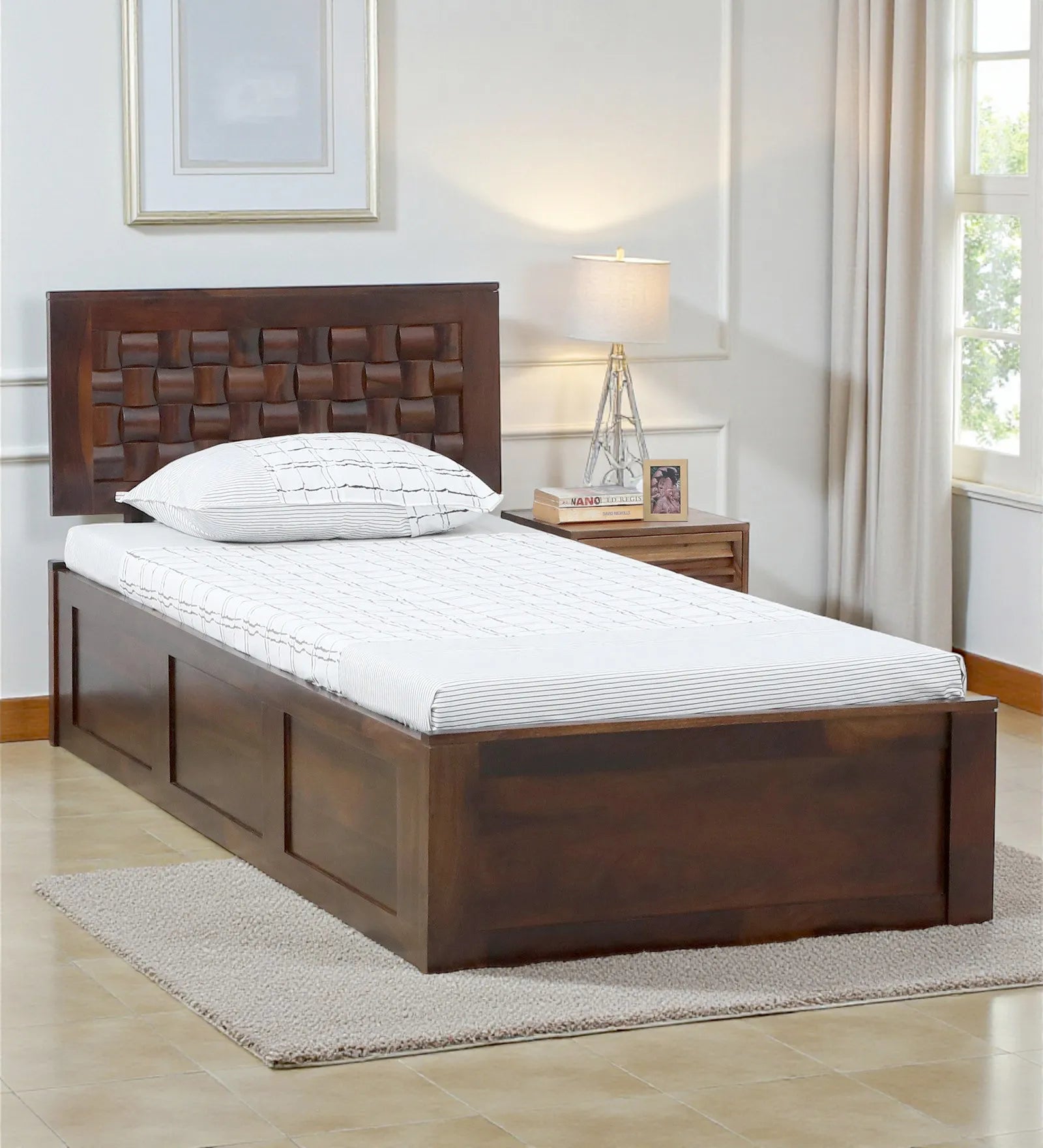 Nivasa solid wood single bed with storage modern wooden bed India