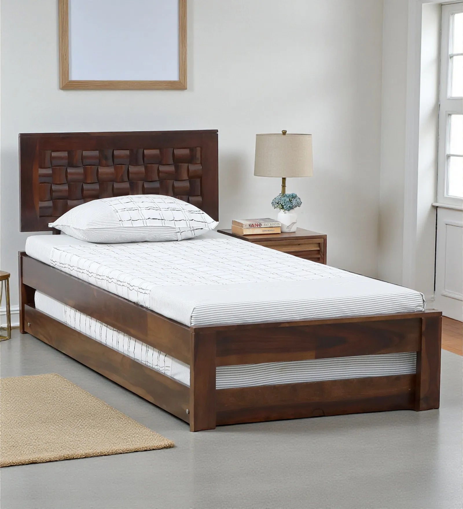 Nivasa solid wood single bed with trundle modern pull out bed India