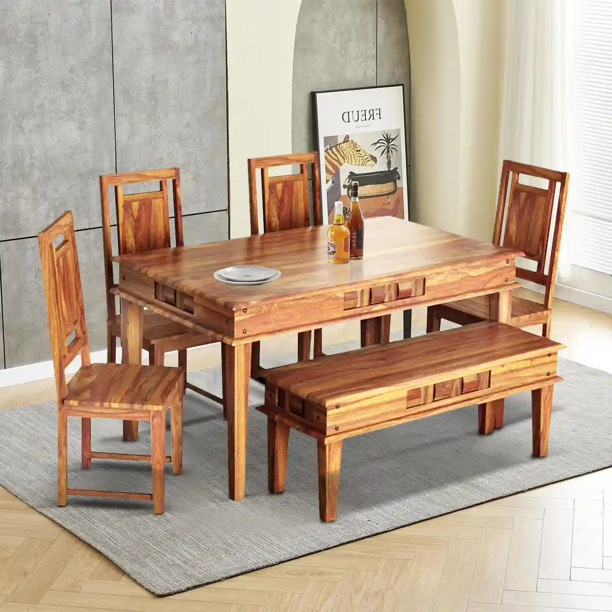 Niware sheesham wood dining table set six seater with bench ideal for home furniture in India