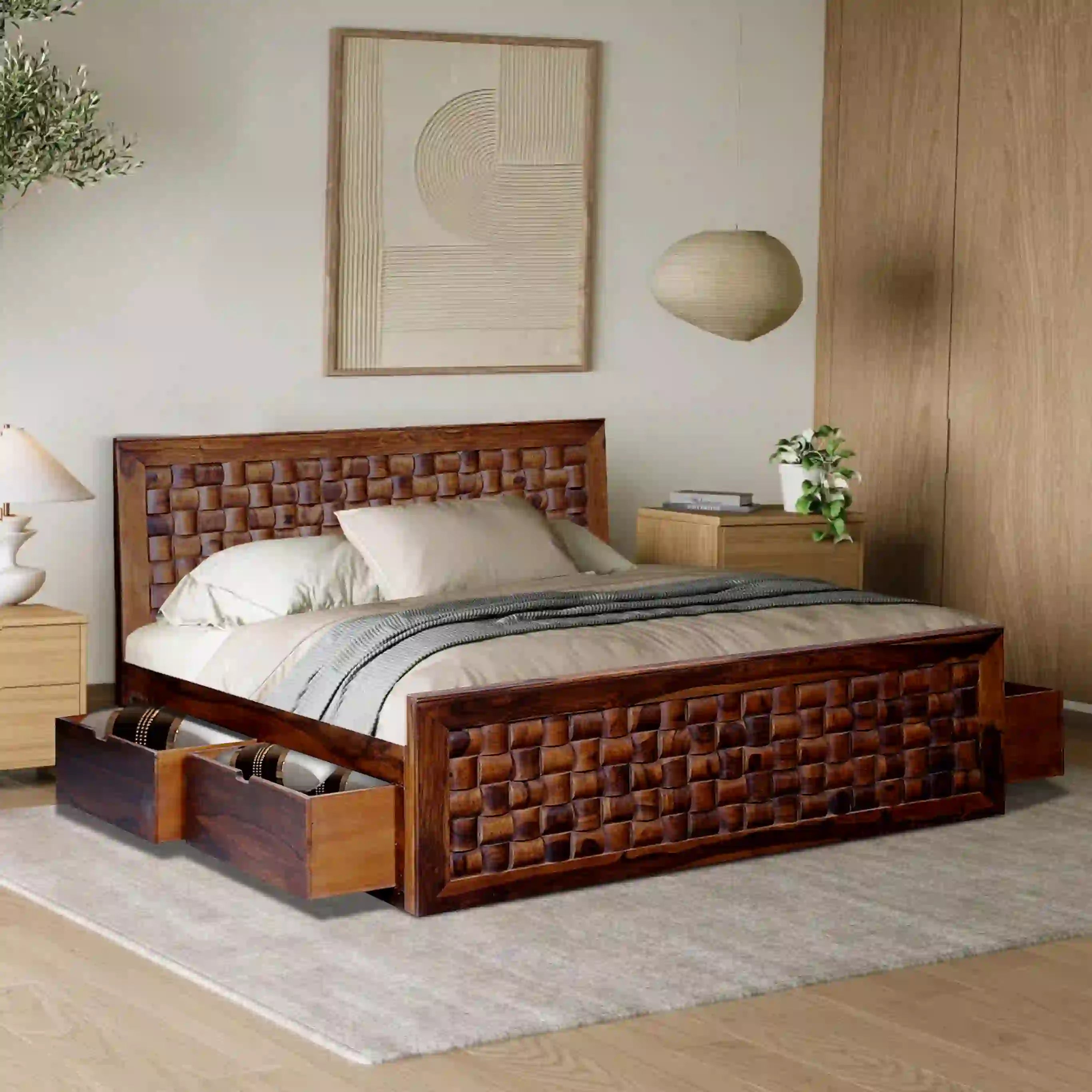 niware solid sheesham wood king size drawer storage bed front view niwar design bed india