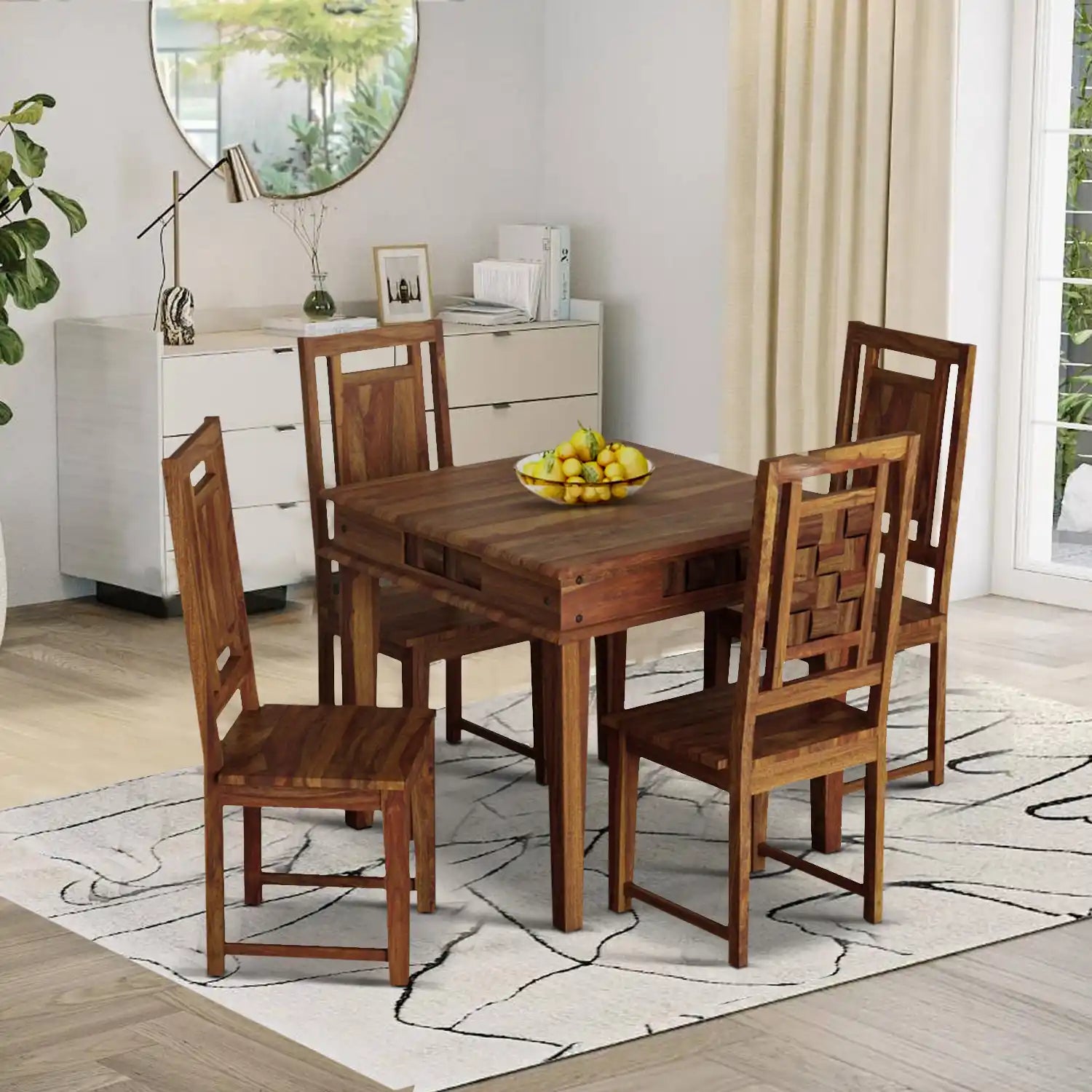 Niware solid wood four seater dining table set in sheesham wood for modern Indian homes