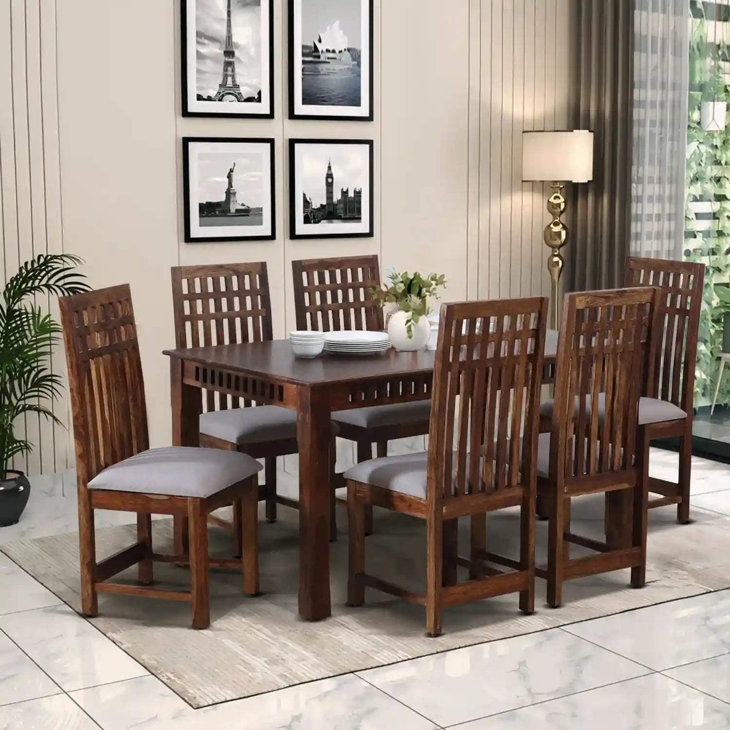 Oasis solid wood six-seater dining table set premium sheesham wood furniture for modern Indian homes