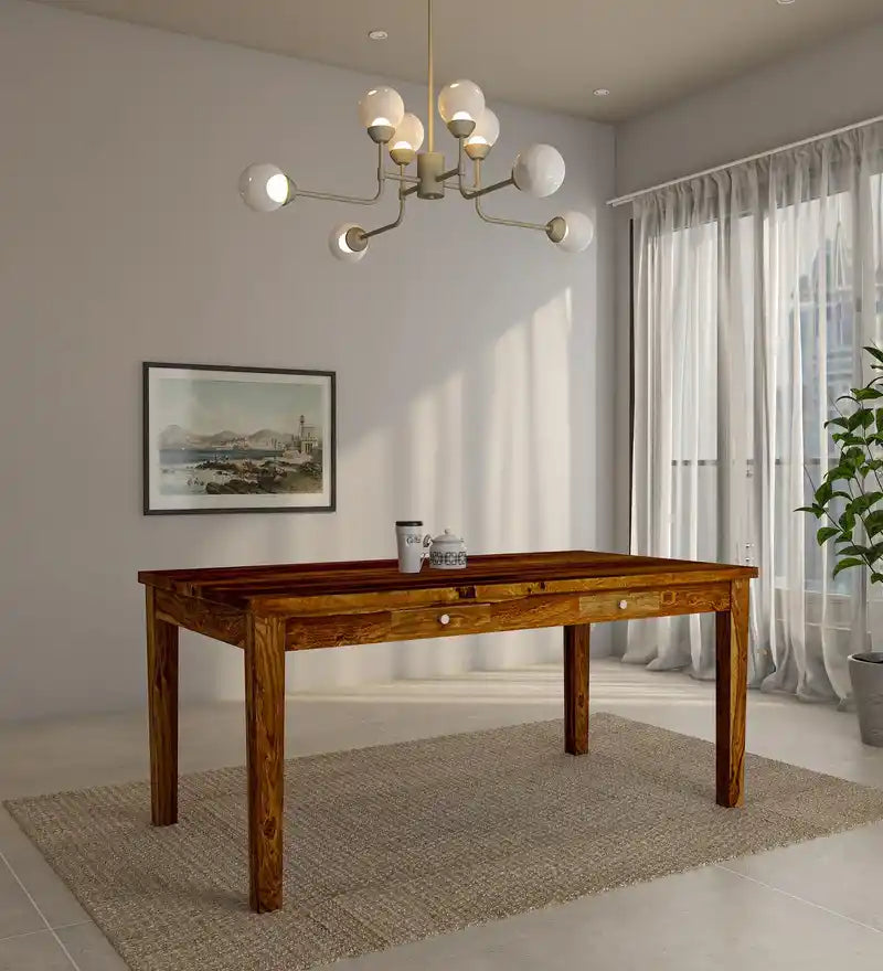 Oslo solid sheesham wood dining table with drawers six seater for modern Indian home furniture