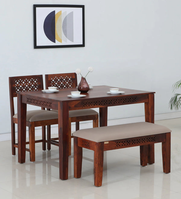 Penza Solid Wood 4 Seater Dining Set With Bench In Honey Oak Finish By Rajwada
