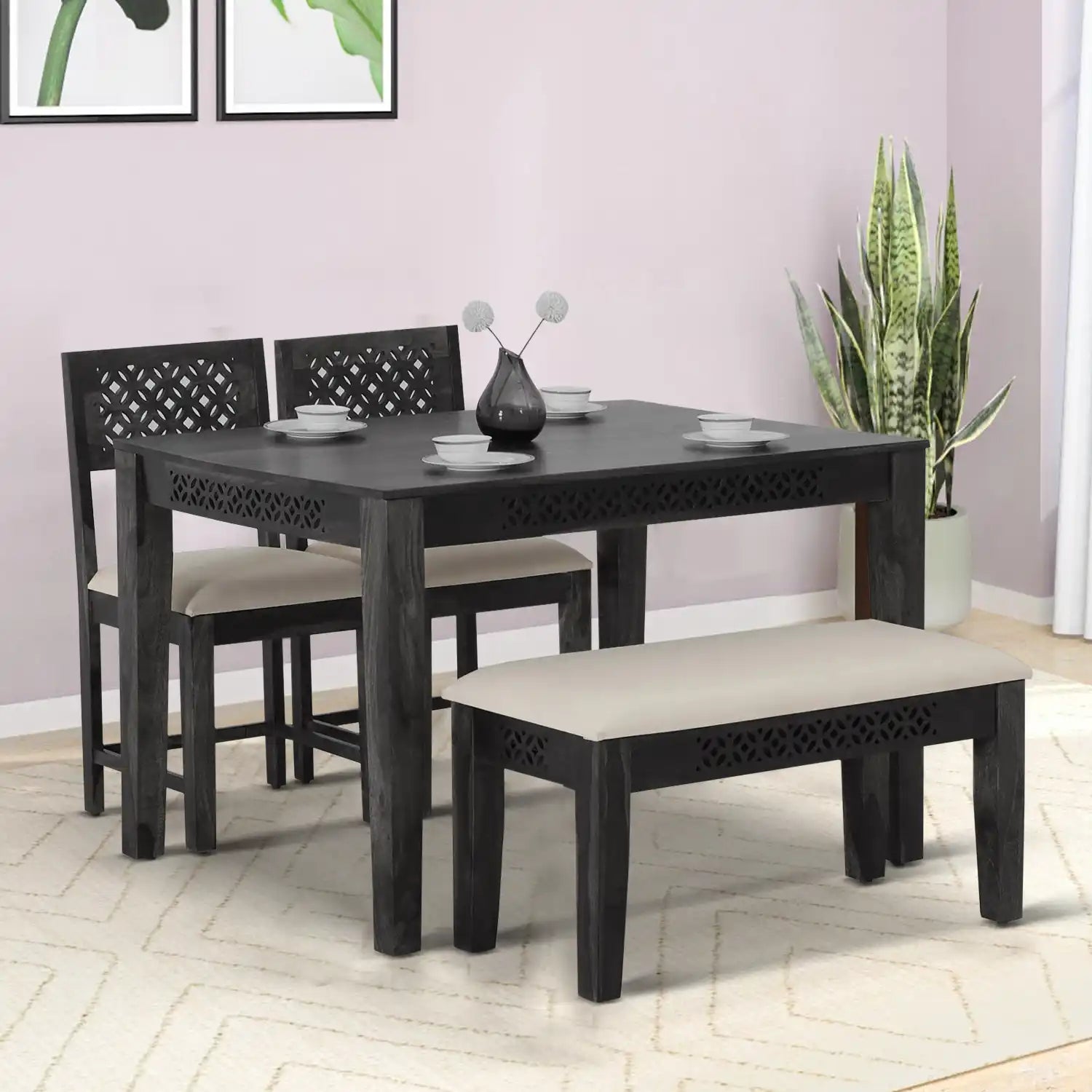 Penza modern sheesham wood four seater dining table set stylish home furniture