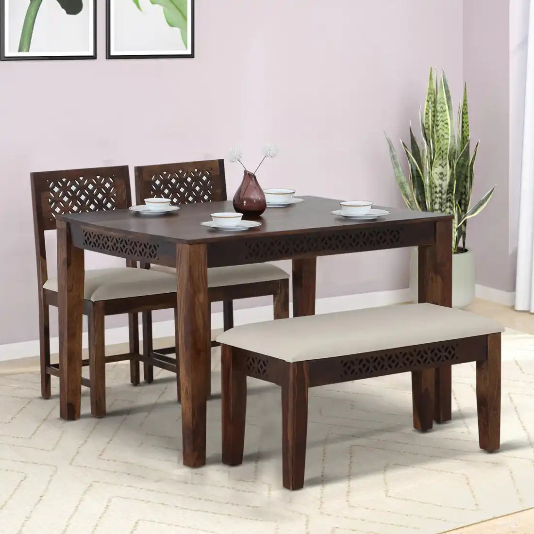 Penza solid sheesham wood four seater dining table set premium wooden furniture India