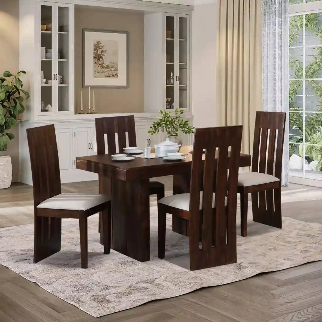 Porto solid sheesham wood four seater dining table set premium wooden furniture India