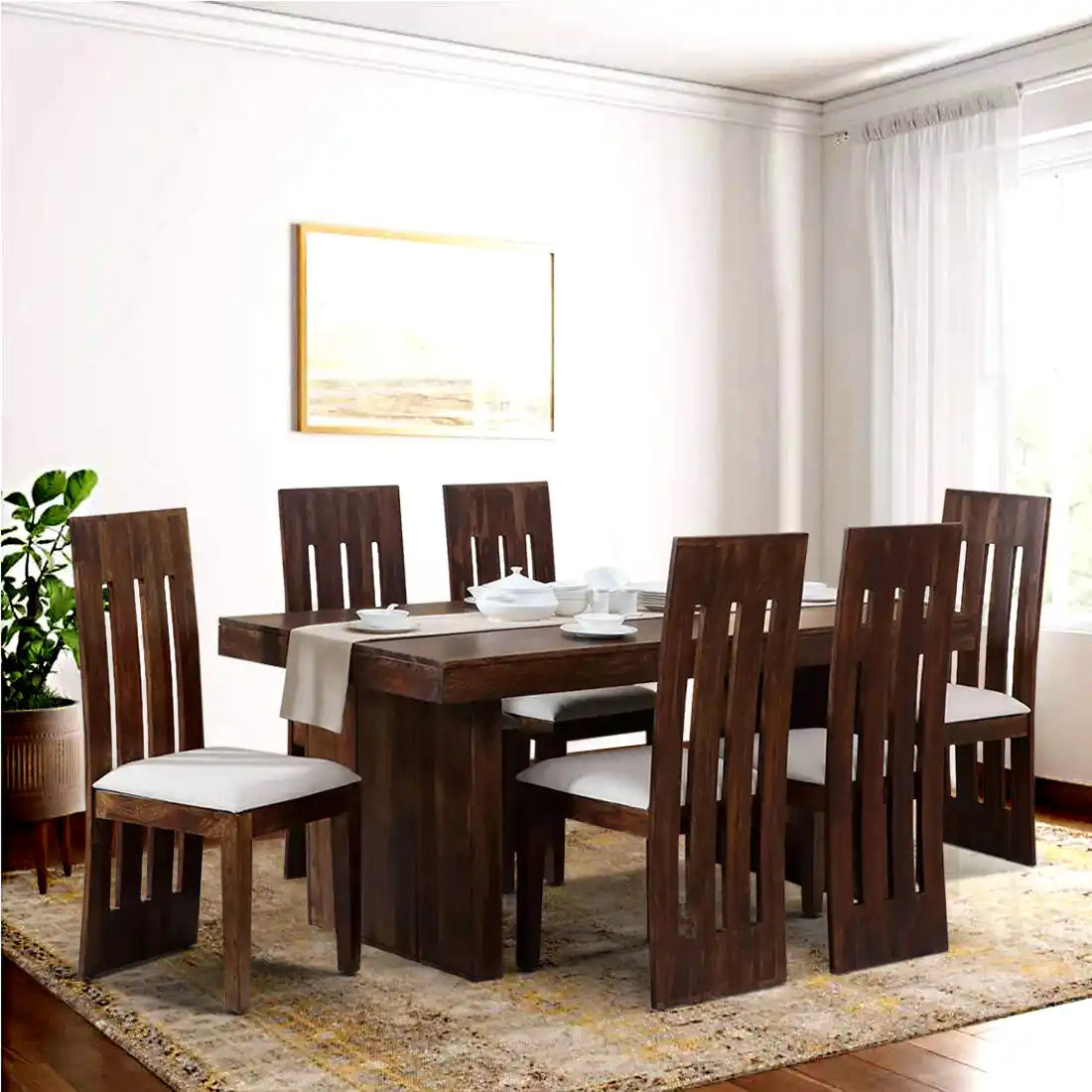 Poster solid wood six-seater dining table set premium sheesham wood furniture for modern Indian homes