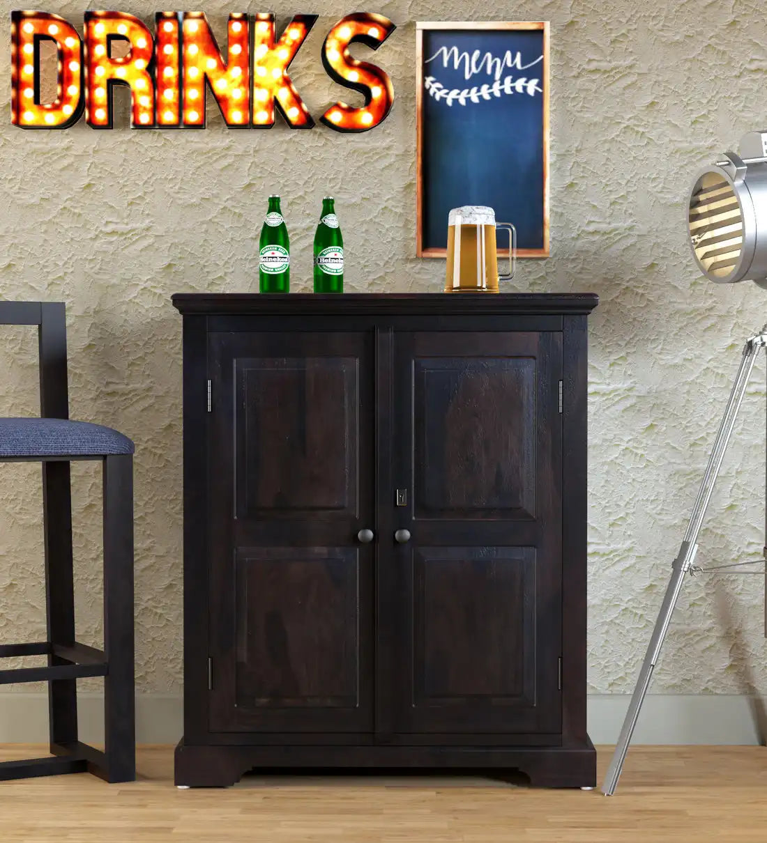 Premium bar cabinet in sheesham wood for storage and display combination
