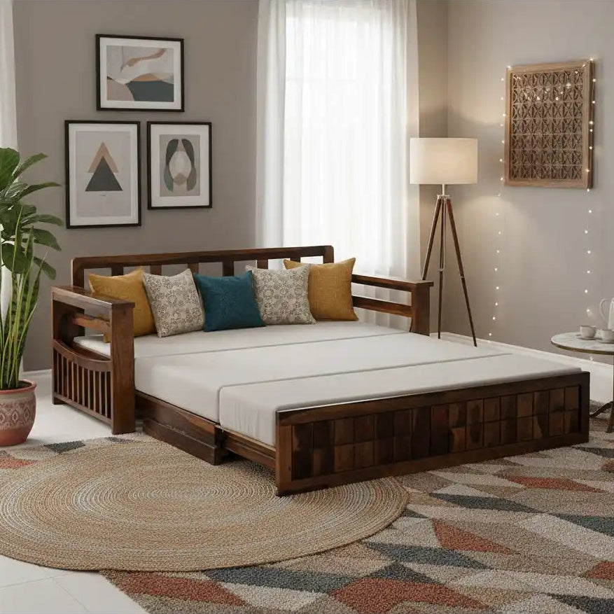 Premium sheesham sofa cum bed pull out storage living room furniture