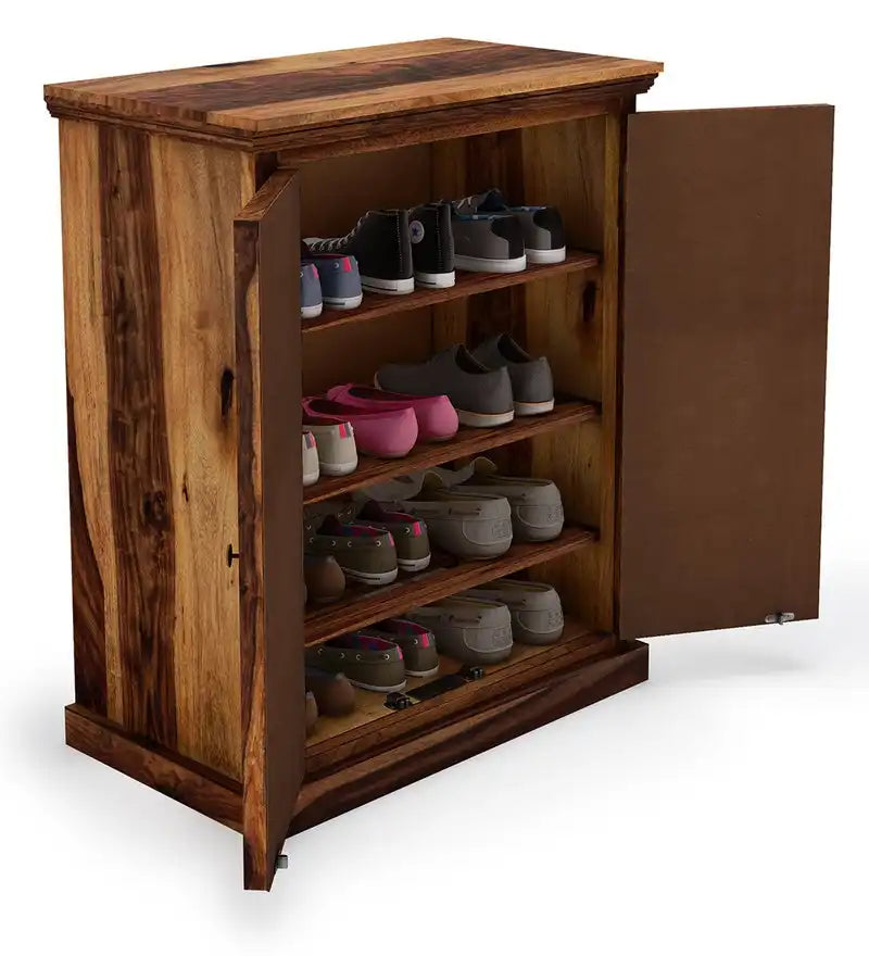 Wooden shoe rack cabinet with doors in solid wood for organized footwear storage in India