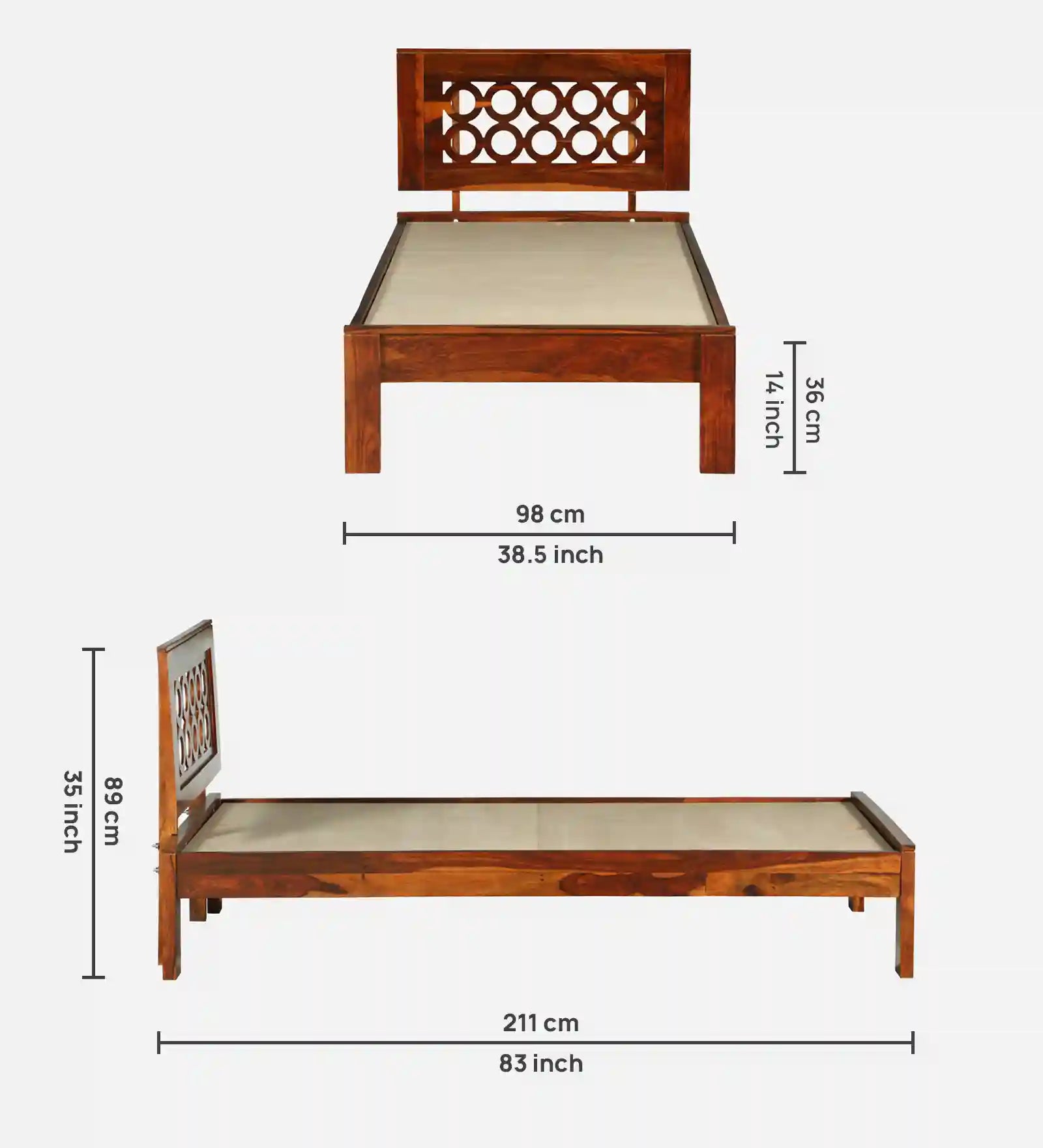Premium sheesham wood single bed Vainika clean look wooden bed India