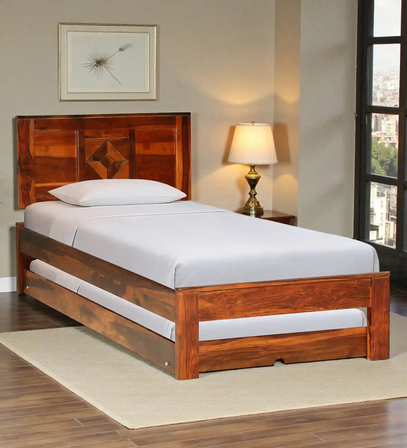 Shraya Solid Wood Single Bed With Trundle