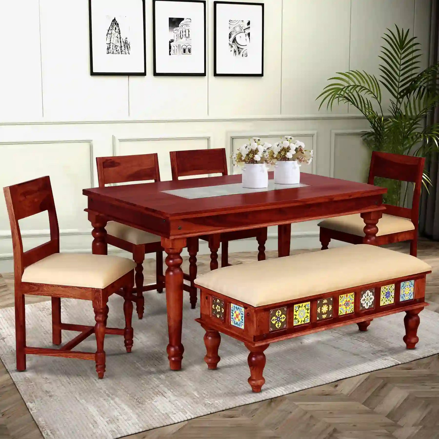 Premium solid wood 6-seater dining table set with bench high quality furniture India