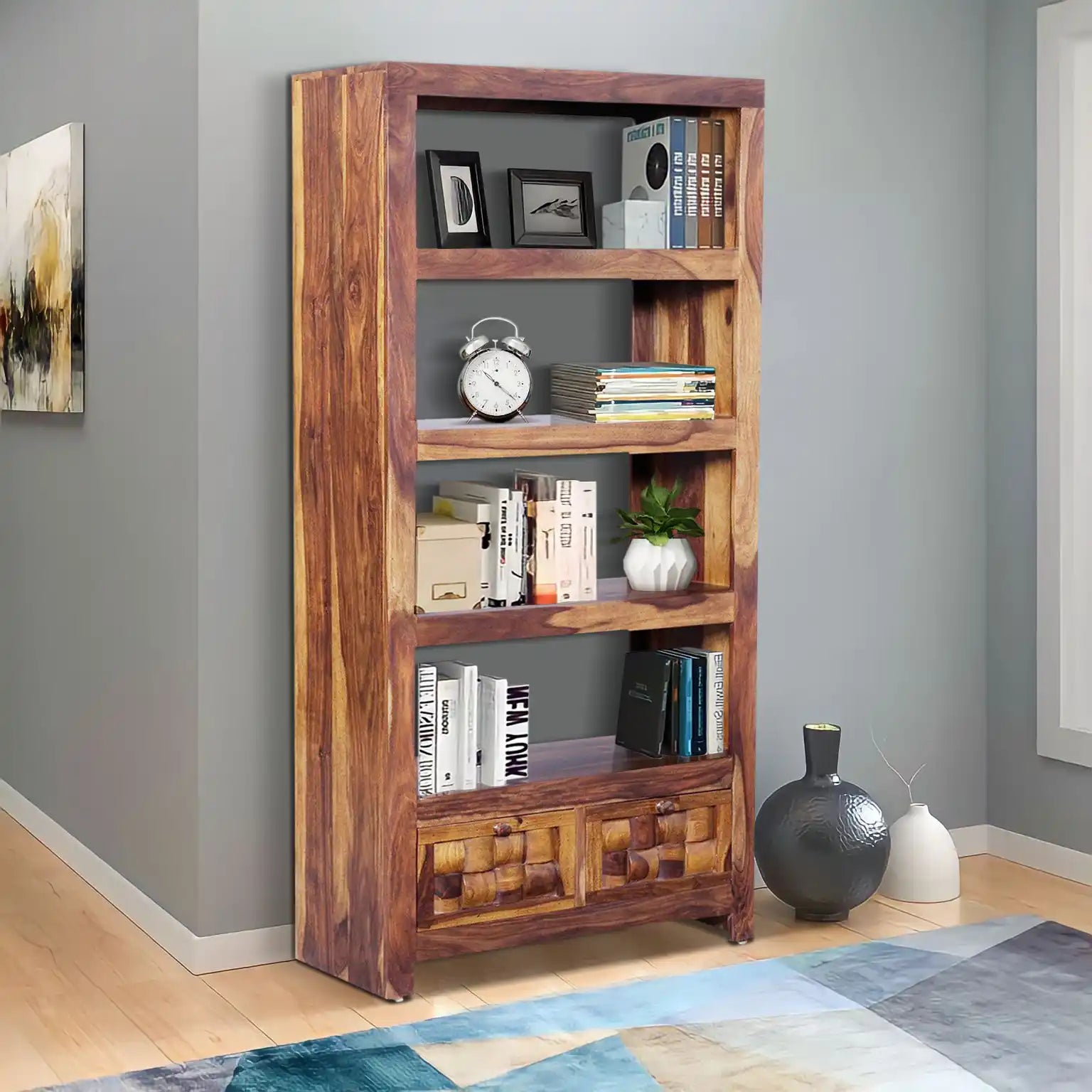 Premium solid wood bookshelf sheesham bookcase modern storage design