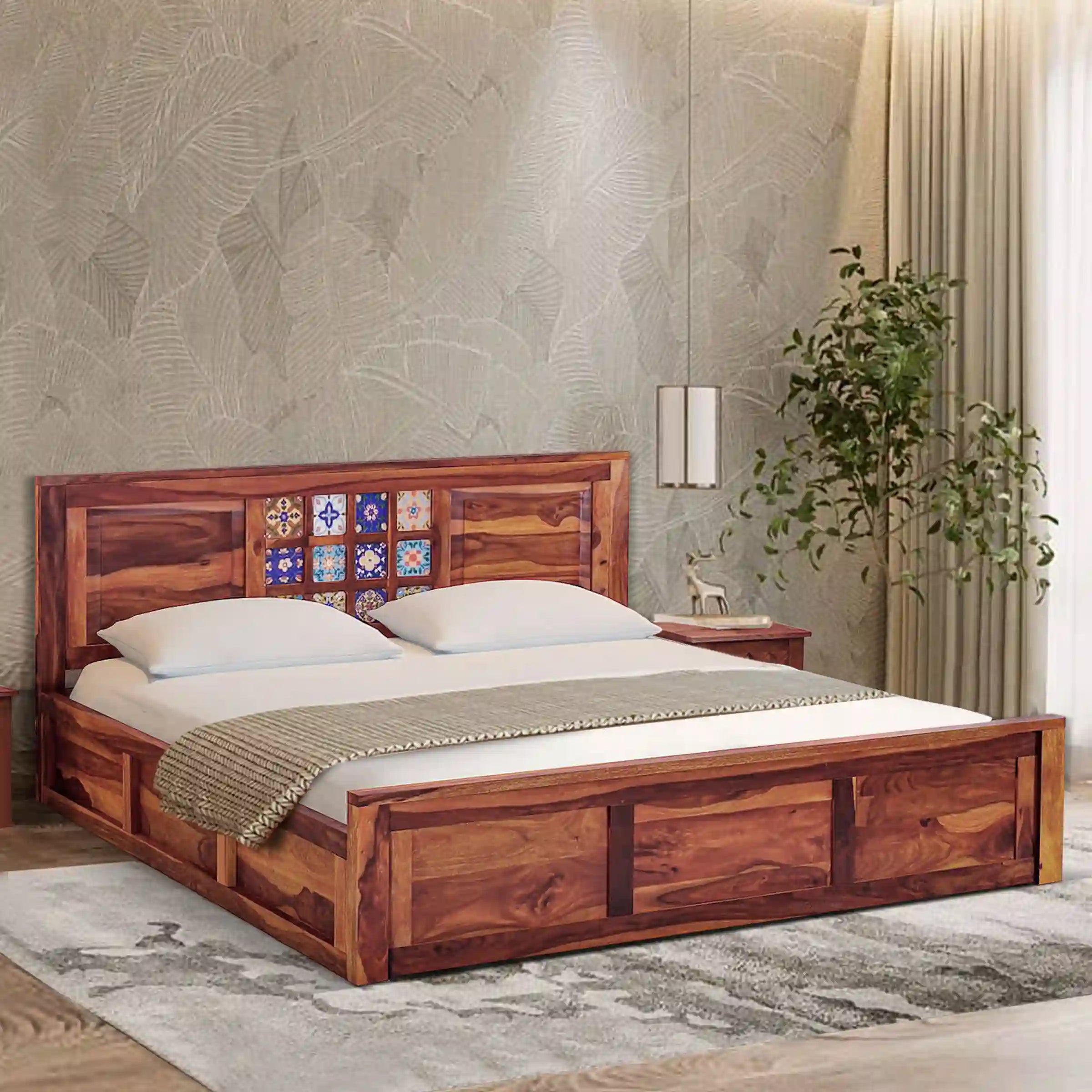premium solid wood king size storage bed room setup interior furniture india