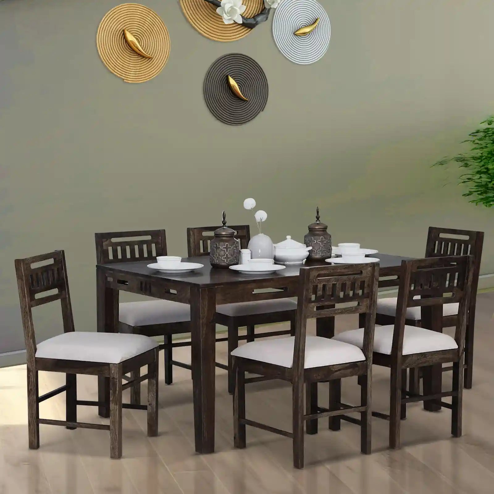Premium solid wood six-seater dining table set Jenine traditional style furniture India