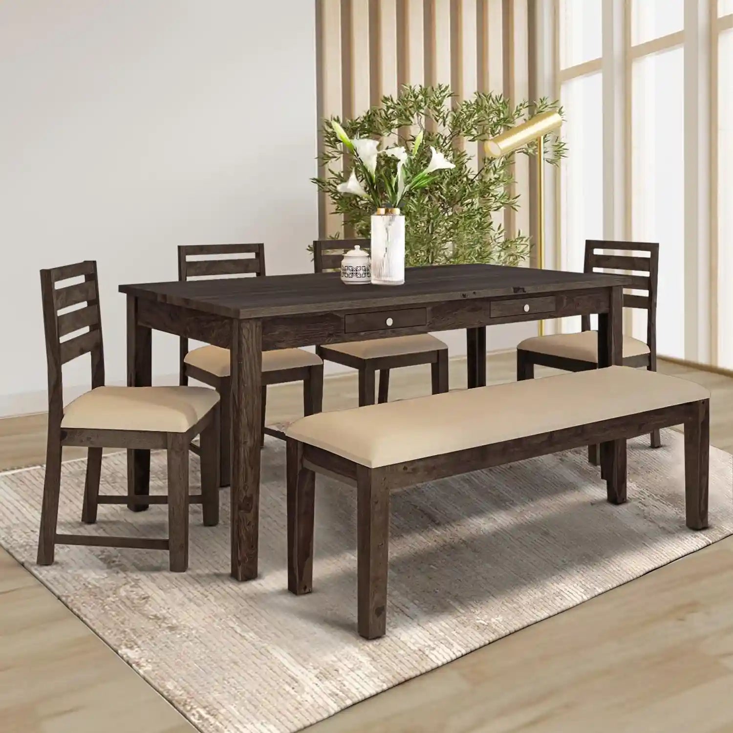 Premium solid wood six-seater dining table set natural Oslo high quality furniture India