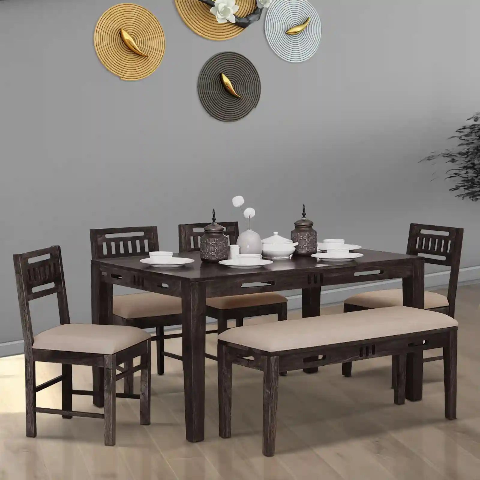 Premium solid wood six-seater dining table set with bench Jenine high quality furniture India