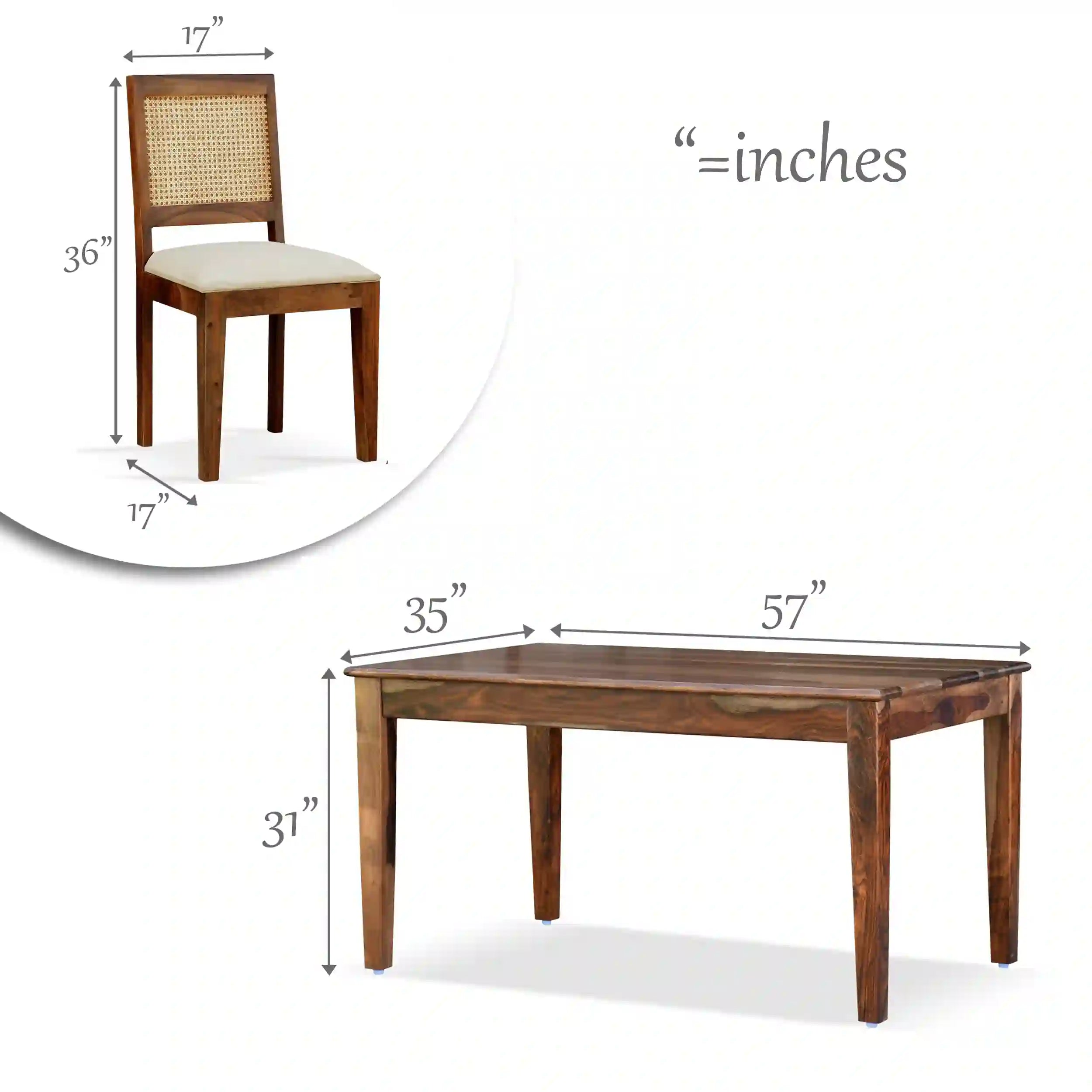 Rattan Solid Wood Cane 6 Seater Dining Table Set