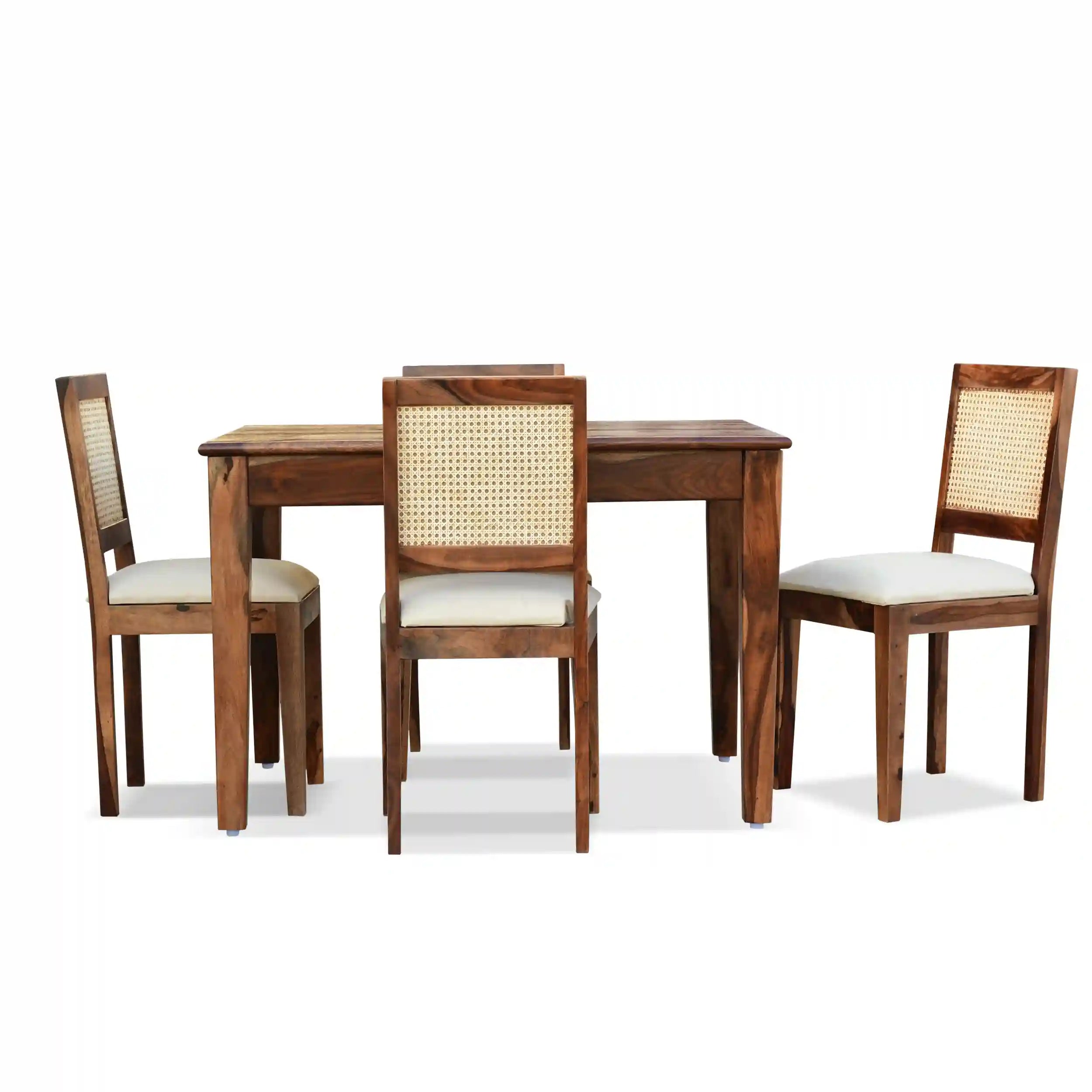 Modern rattan cane four seater dining table set with stylish solid wood frame