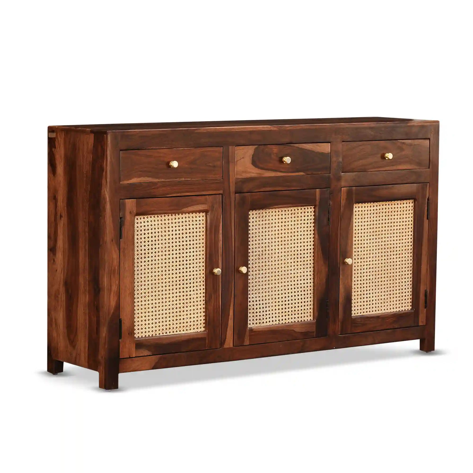 Rattan panel sideboard sheesham wood storage cbinet home furniture