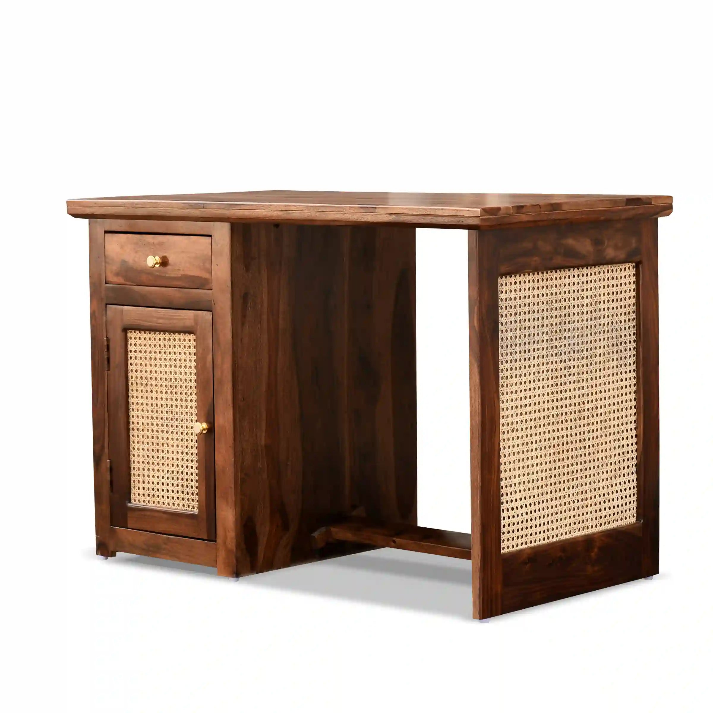 Rattan panel study table solid wood sheesham laptop desk furniture