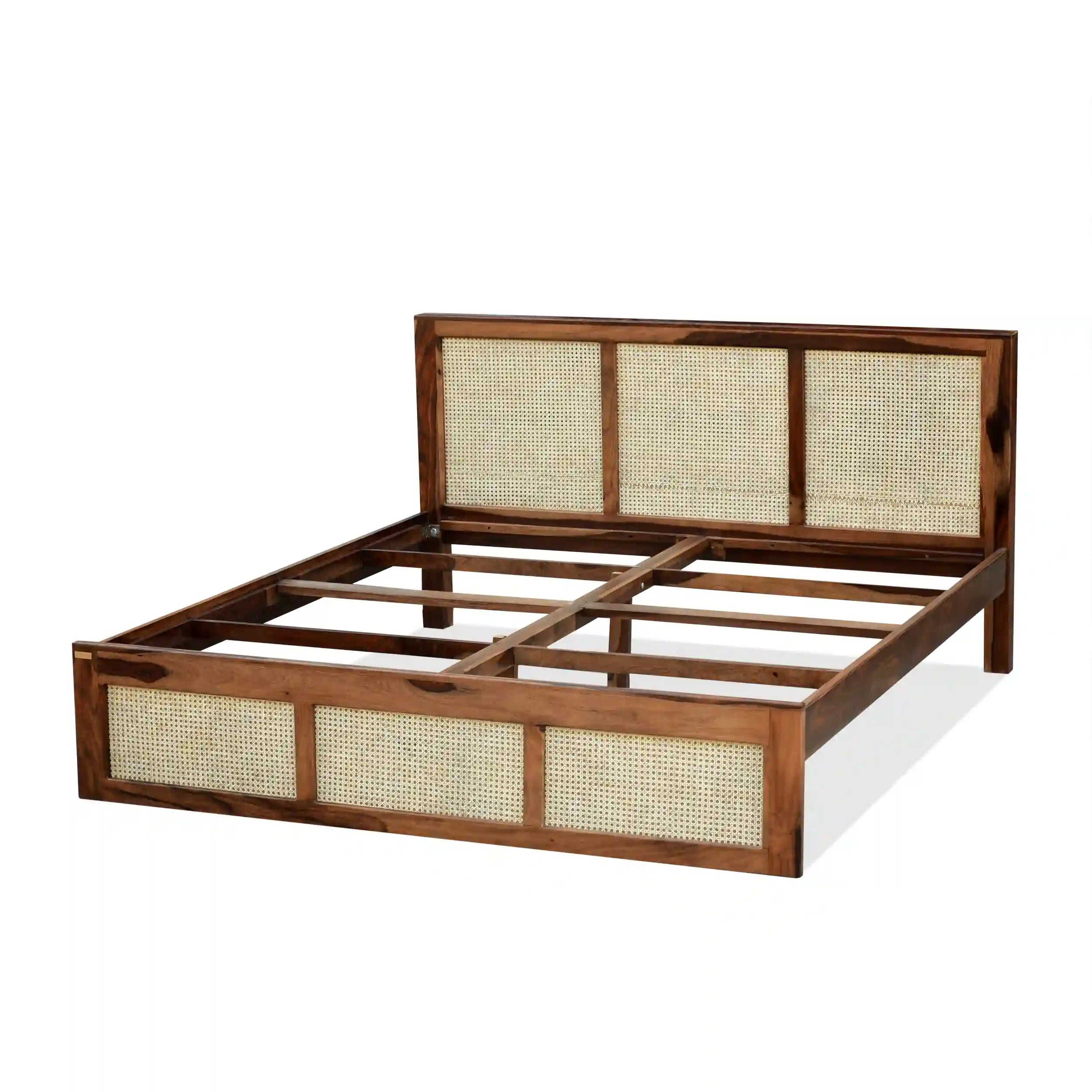 Rattan queen size wooden bed cane headboard India design