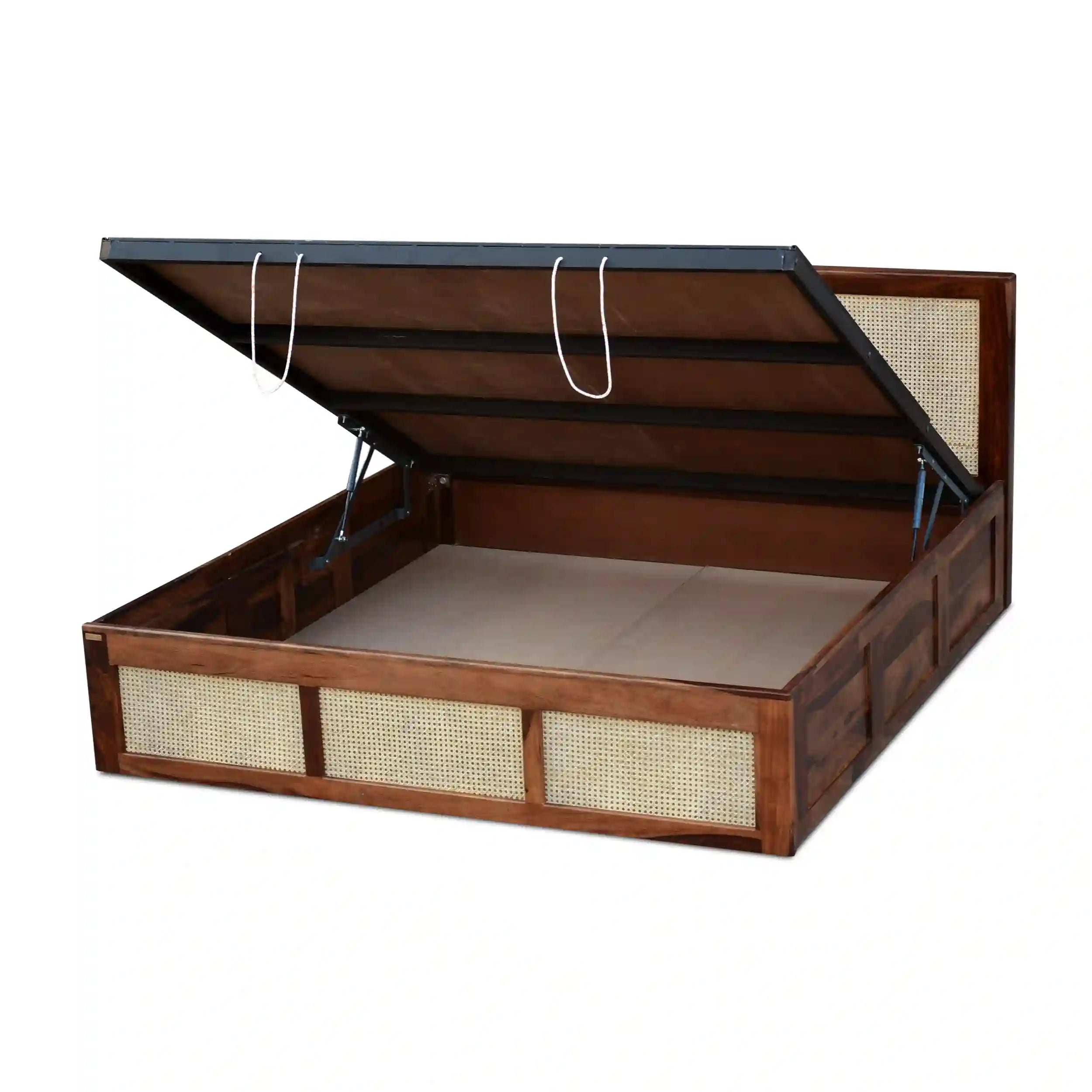 modern rattan sheesham wood bed with hydraulic storage designer solid wood bed india
