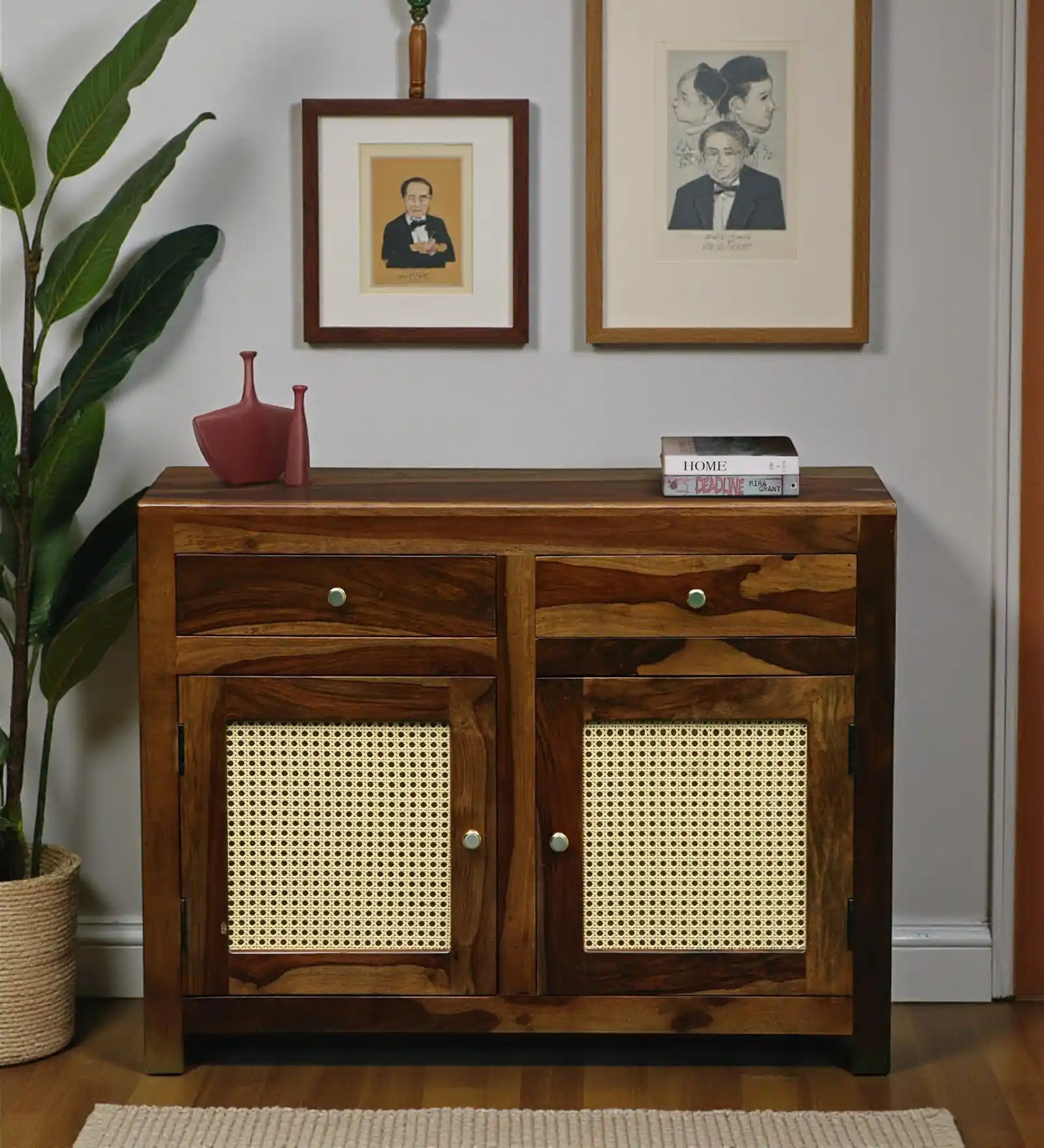 Rattan sheesham wood cane sideboard  door storage cabinet modern home India