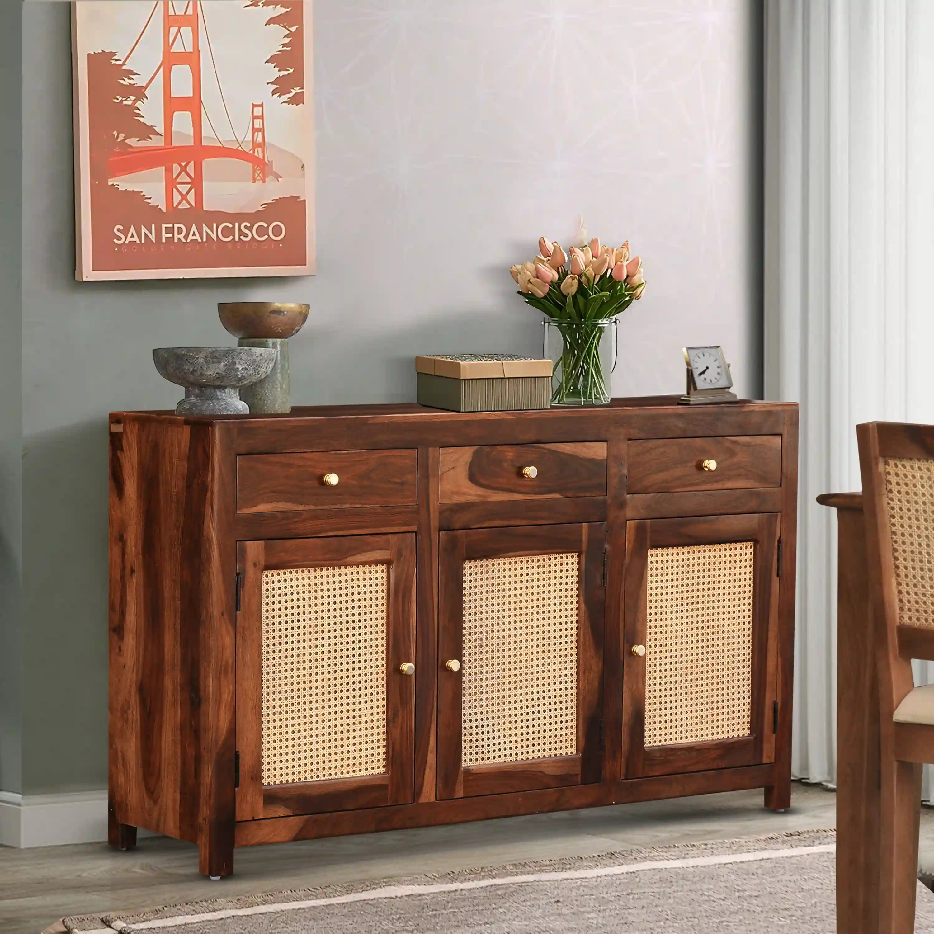 Rattan sheesham wood cane sideboard solid wood storage cabinet modern India