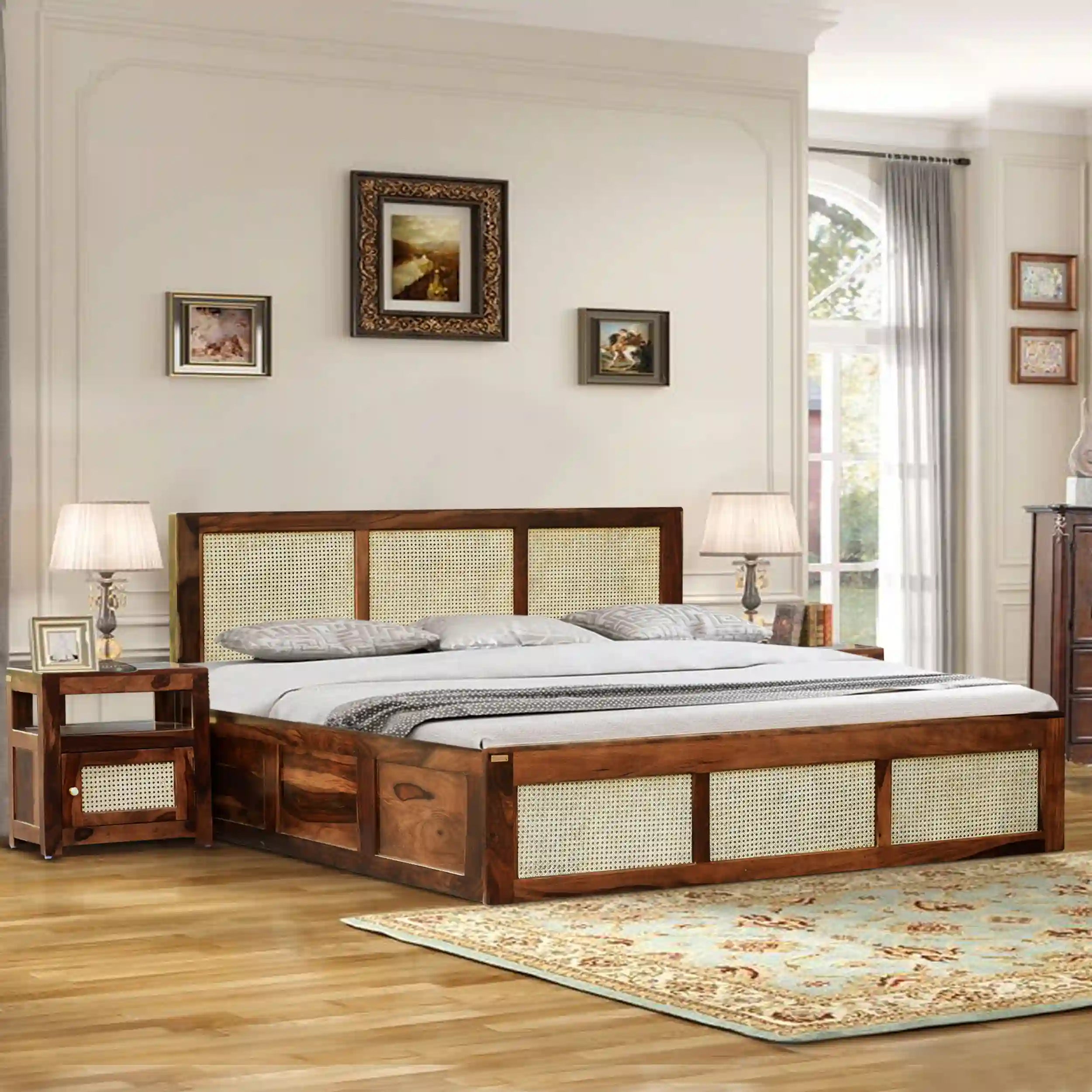rattan solid wood cane bed hydraulic storage king queen front view sheesham bed india