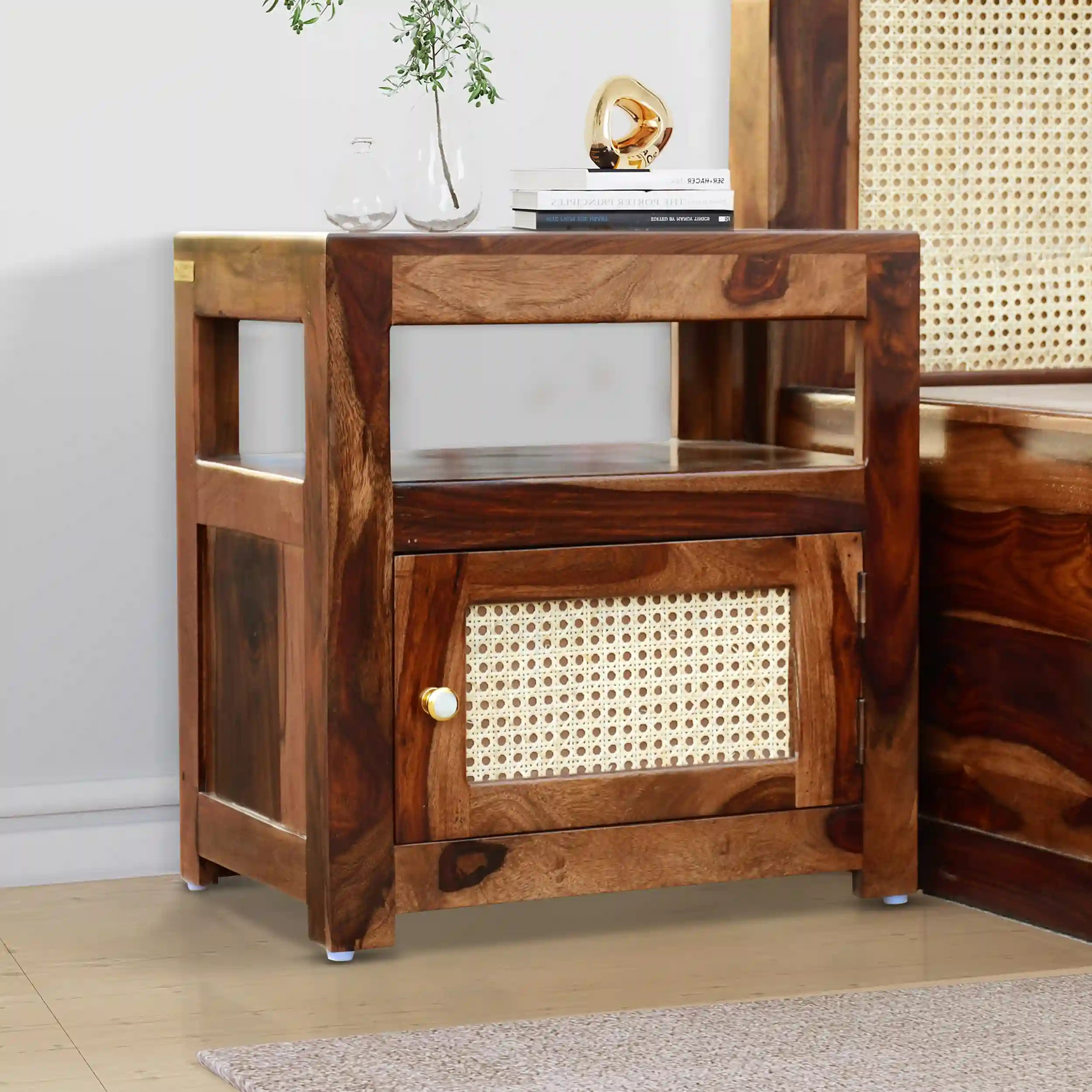 Rattan solid wood cane bedside table modern nightstand India