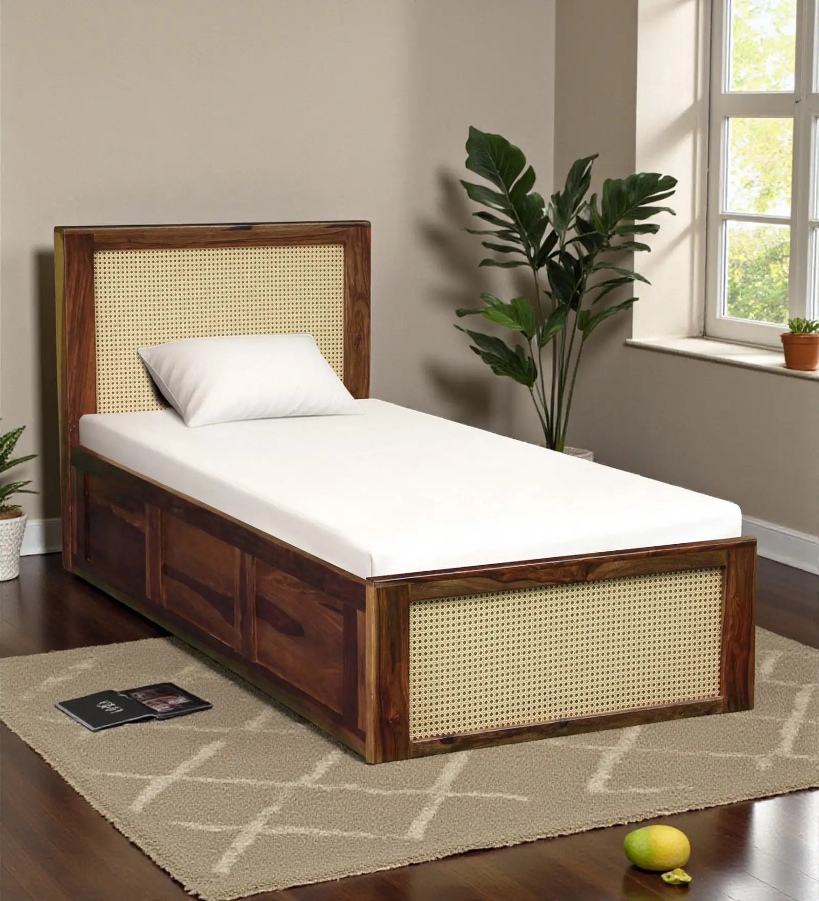 Rattan solid wood single bed with storage modern cane bed India