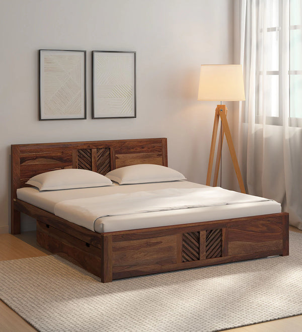 Elista Solid Wood Bed With Drawer Storage In Rustic Teak Finish  By Rajwada