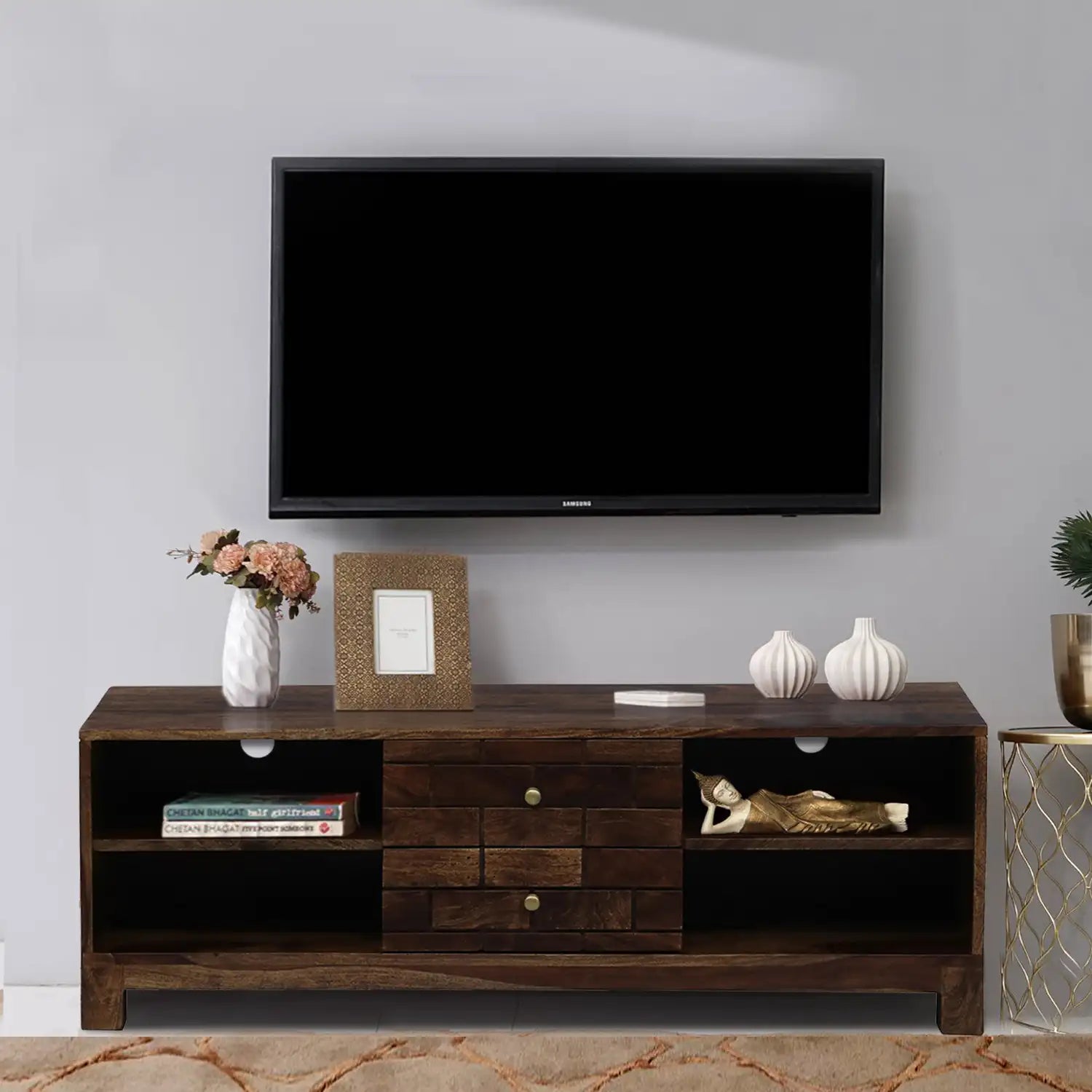 Rudra sheesham wood tv unit with two drawer and shelf solid tv stand for living room India