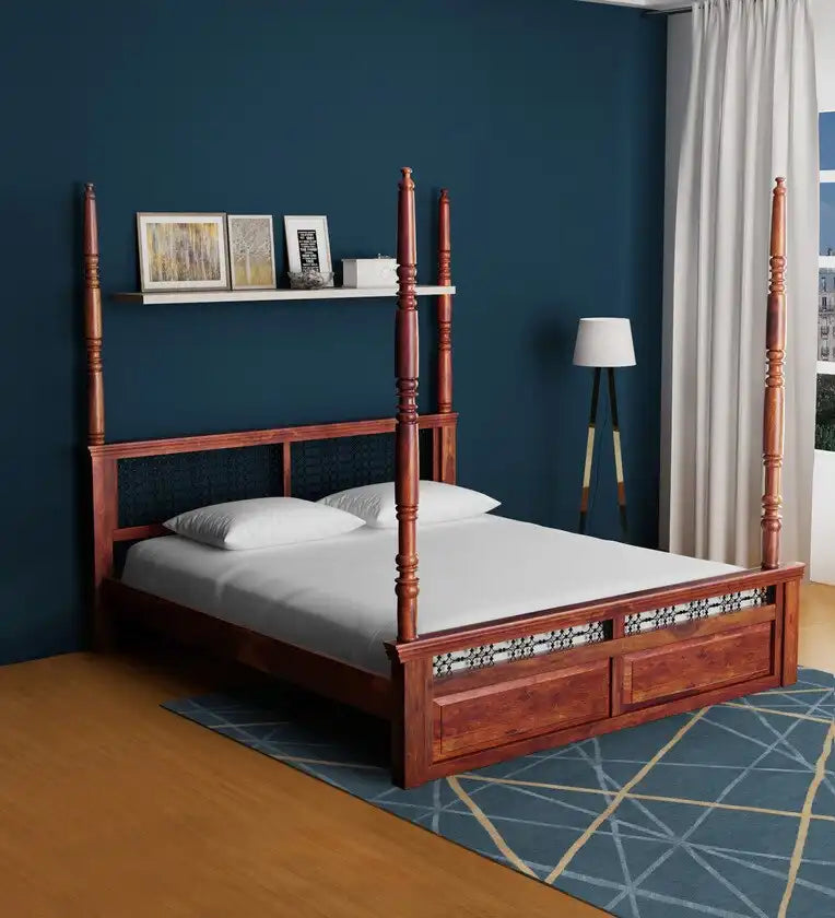 saffron traditional solid sheesham wood poster bed front view classic four poster bed design