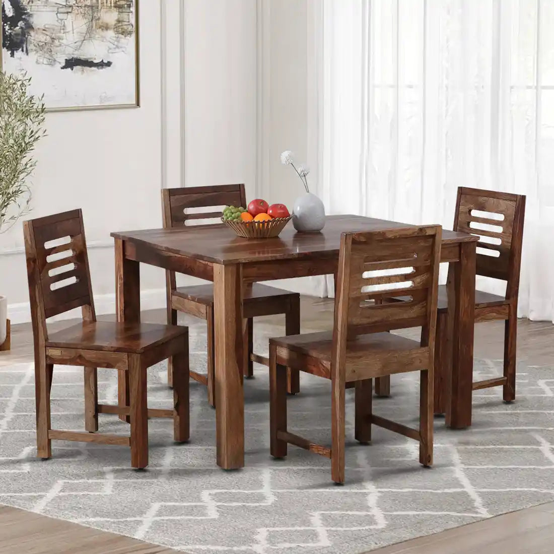 Saho solid sheesham wood four seater dining table set premium wooden furniture India
