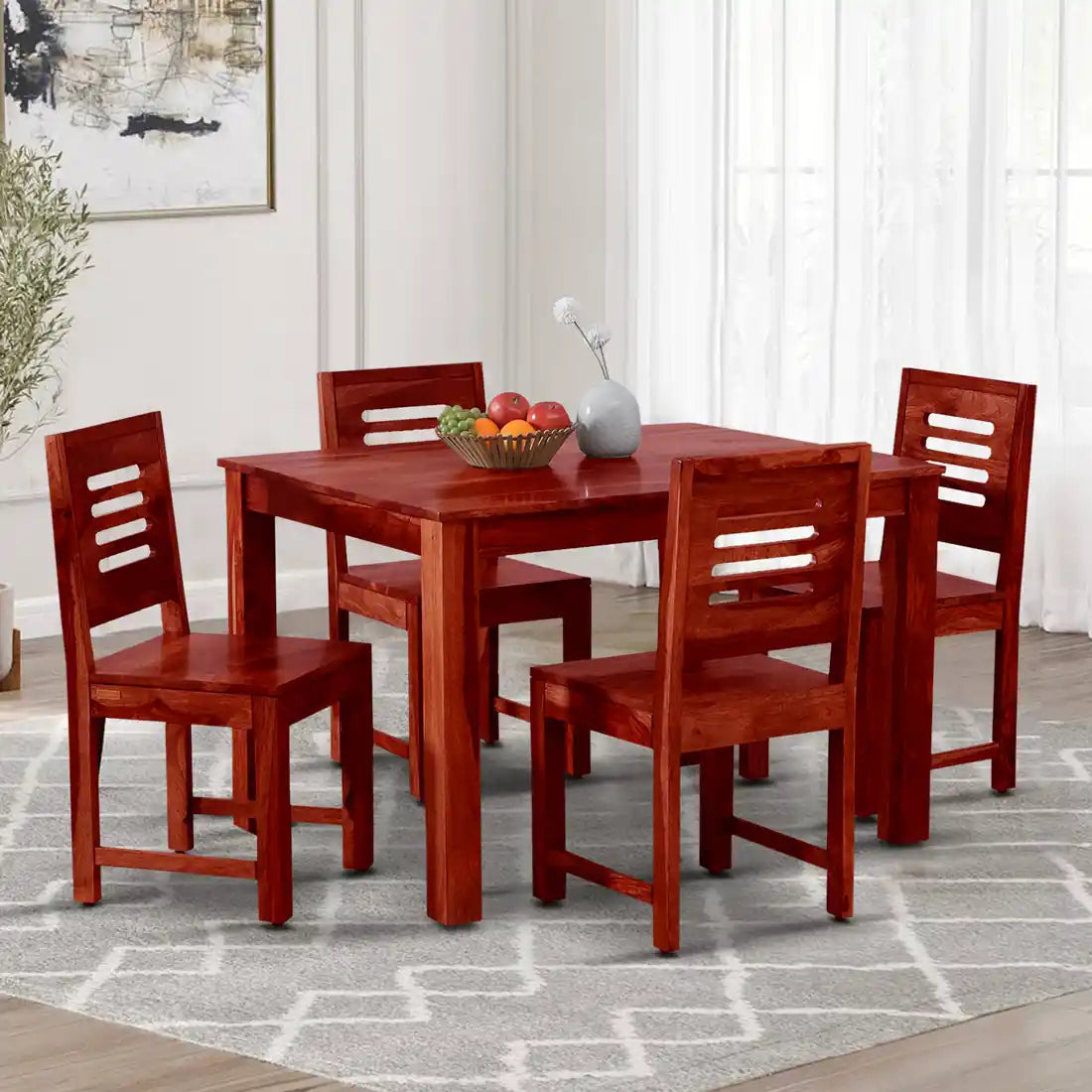 Saho solid wood four seater dining table set teak finish modern dining furniture