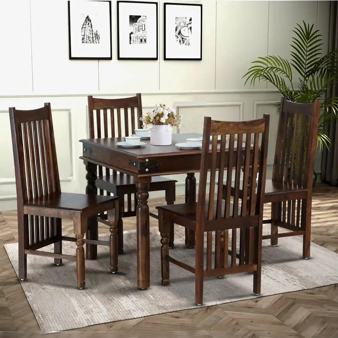 Samrita solid sheesham wood four seater dining table set premium wooden furniture India