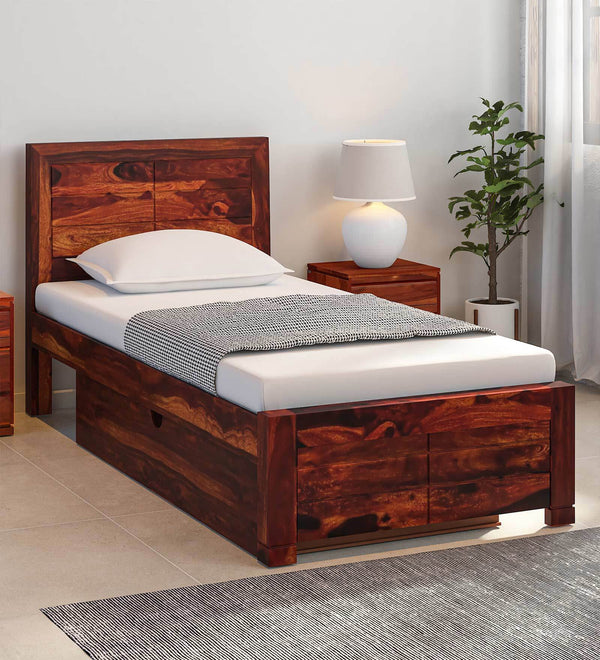 Moscow  Solid Wood Single Bed With Drawer Storage In Honey Oak Finish By Rajwada