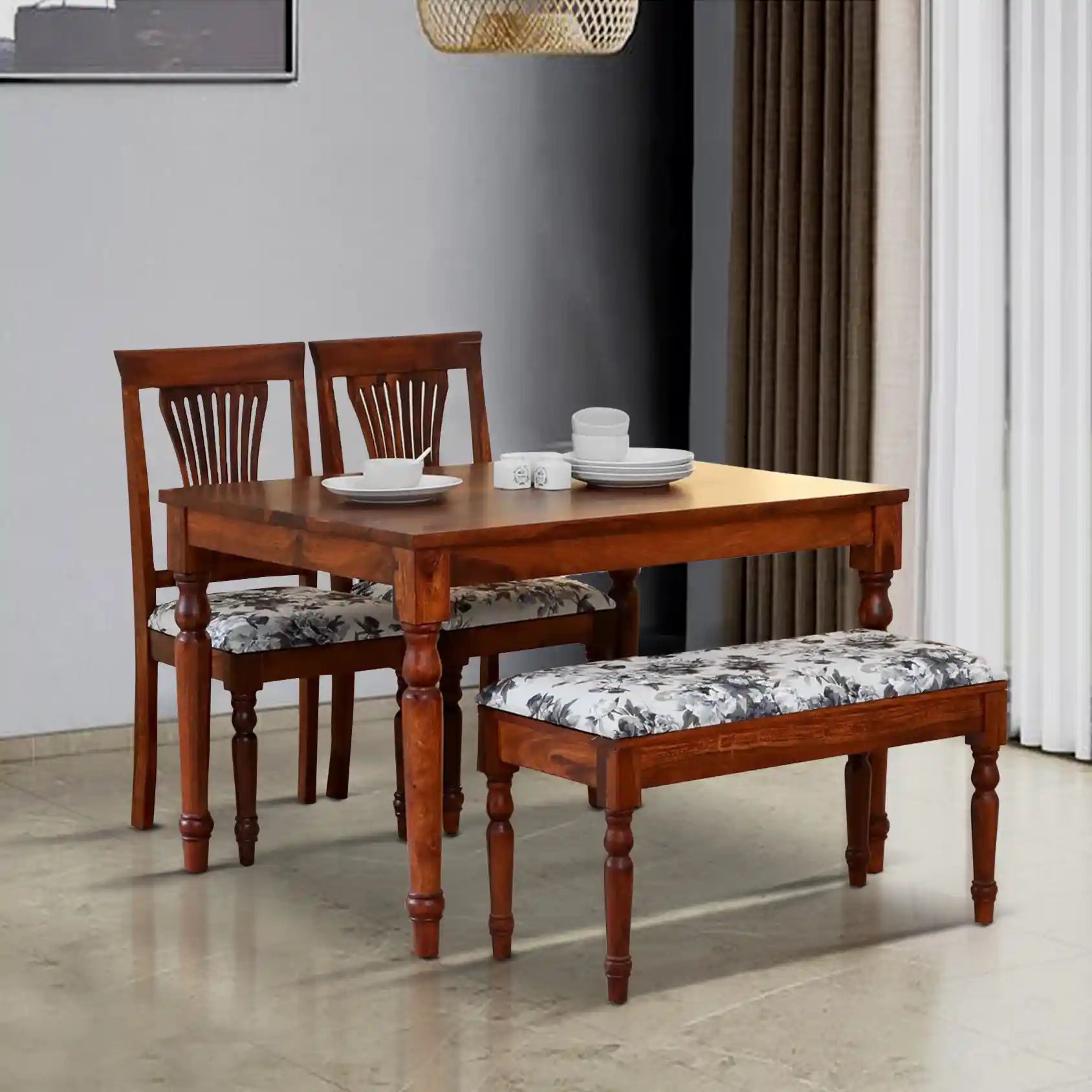 Sheerel solid wood four seater dining table set teak finish modern dining furniture