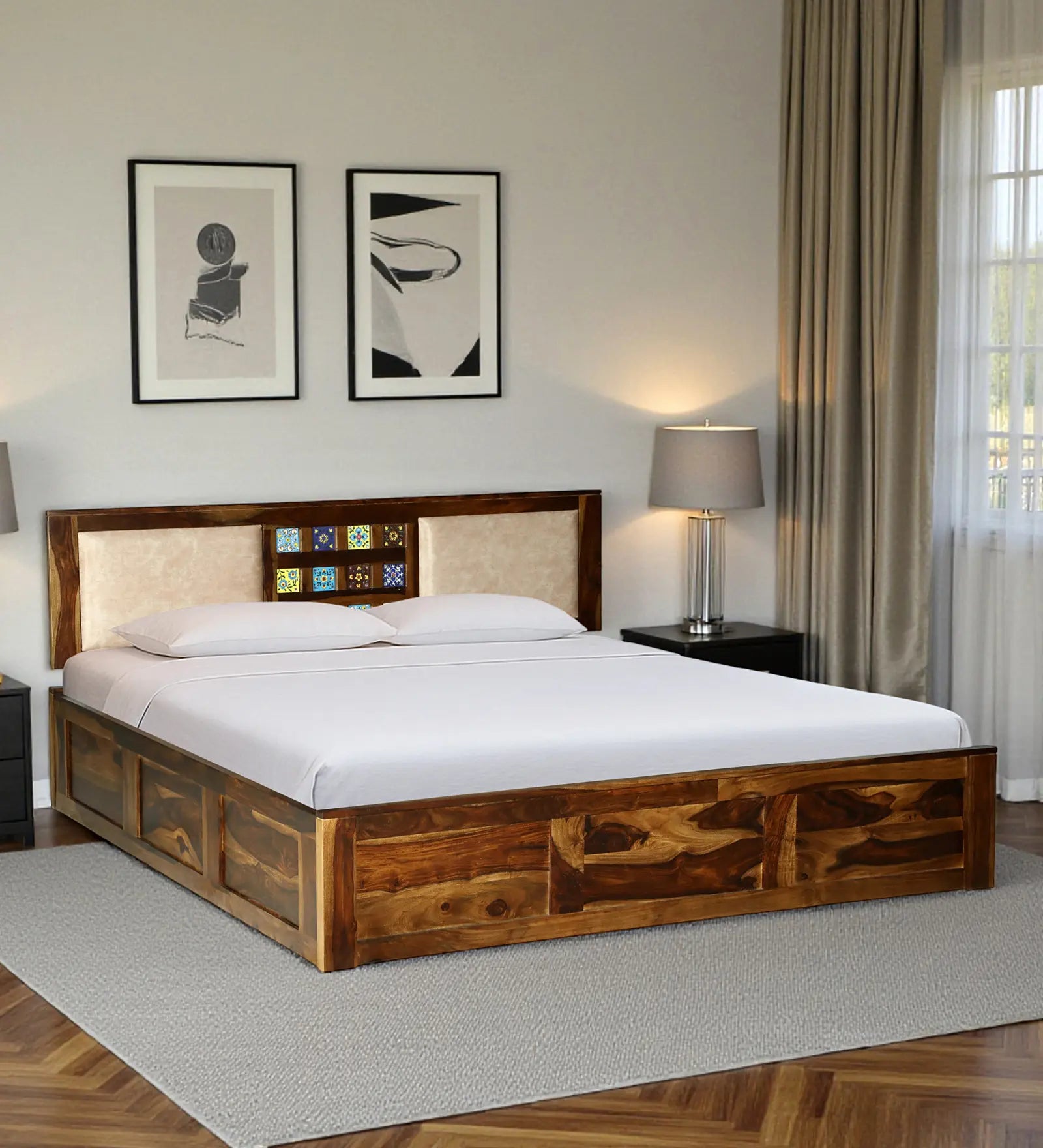 sheesham wood queen size hydraulic storage bed frame front profile india
