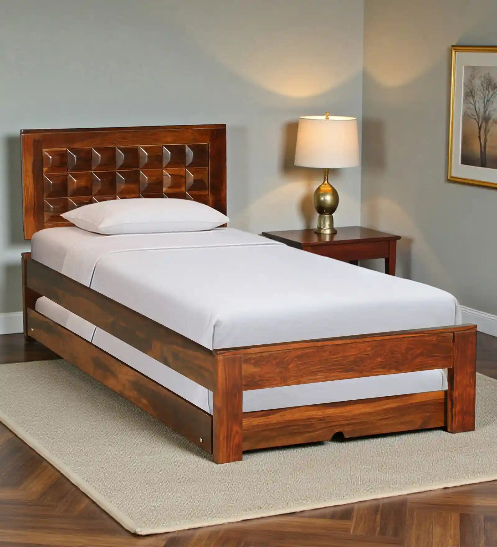 Tejas Sheesham Wood Single Bed With Trundle